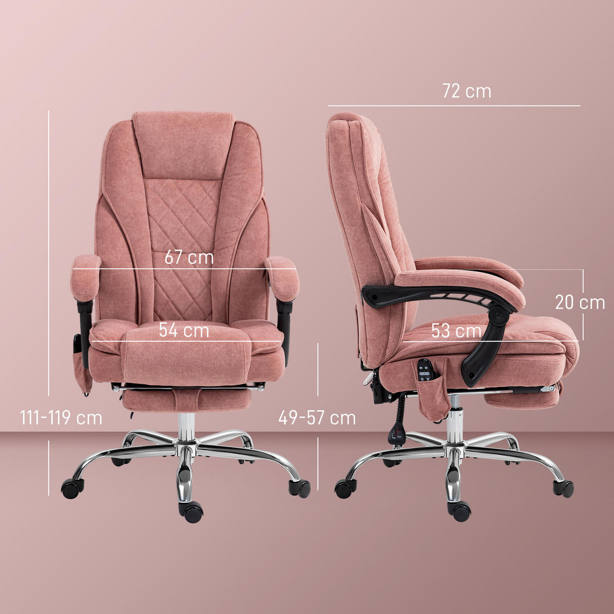 BÜROSTUHL mit Massagefunktion Polyester Stahl Rosa - Rosa, Metall (67/119/72cm) - Vinsetto
