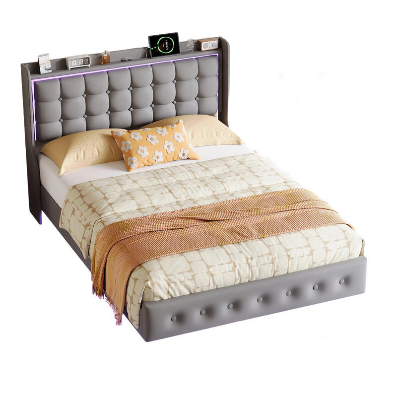 POLSTERBETT 160/200 cm dunkelgrau mit LED und USB - Dunkelgrau, Holz - SHOPENTRA