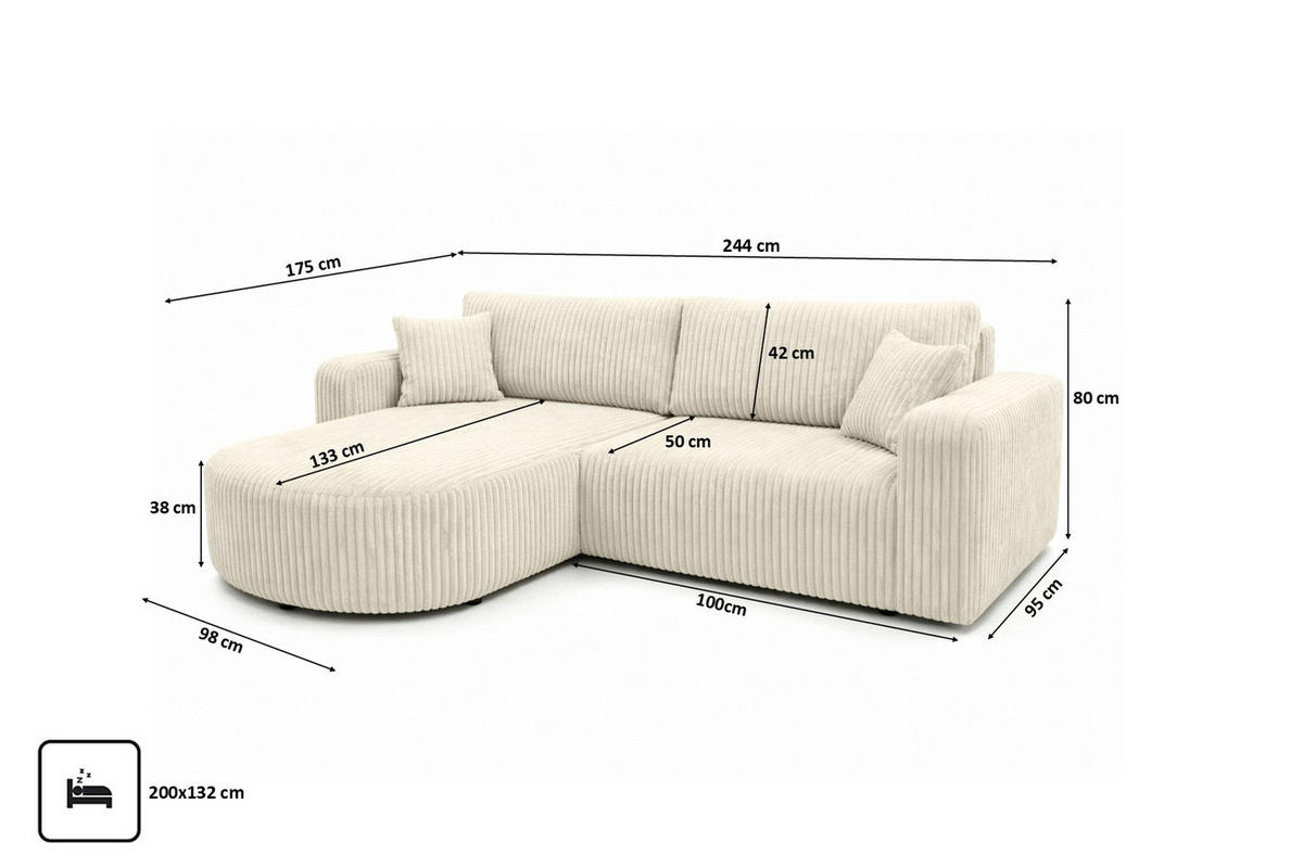 ECKSOFA Mit Schlaffunktion, Cordstoff Tilia, Ecru, Links, ROUND ONE - Ecru, Holz (244/175cm) - Kaiser Möbel