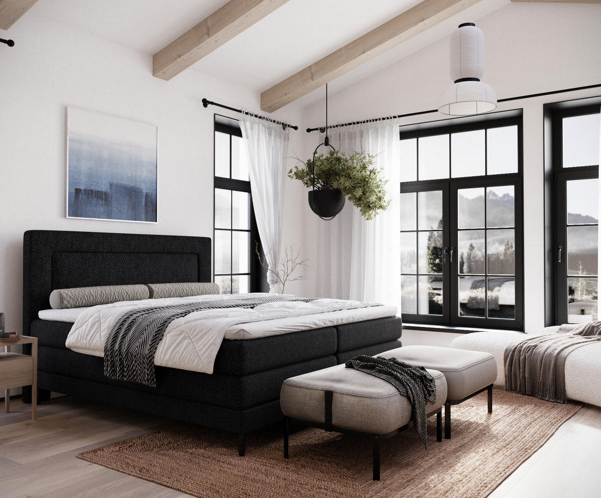 BOXSPRINGBETT Madame Schwarz 200/200 cm mit Matratzen und Latex-Topper - Schwarz, Holz/Holzwerkstoff (200/200cm) - Maison de Reve