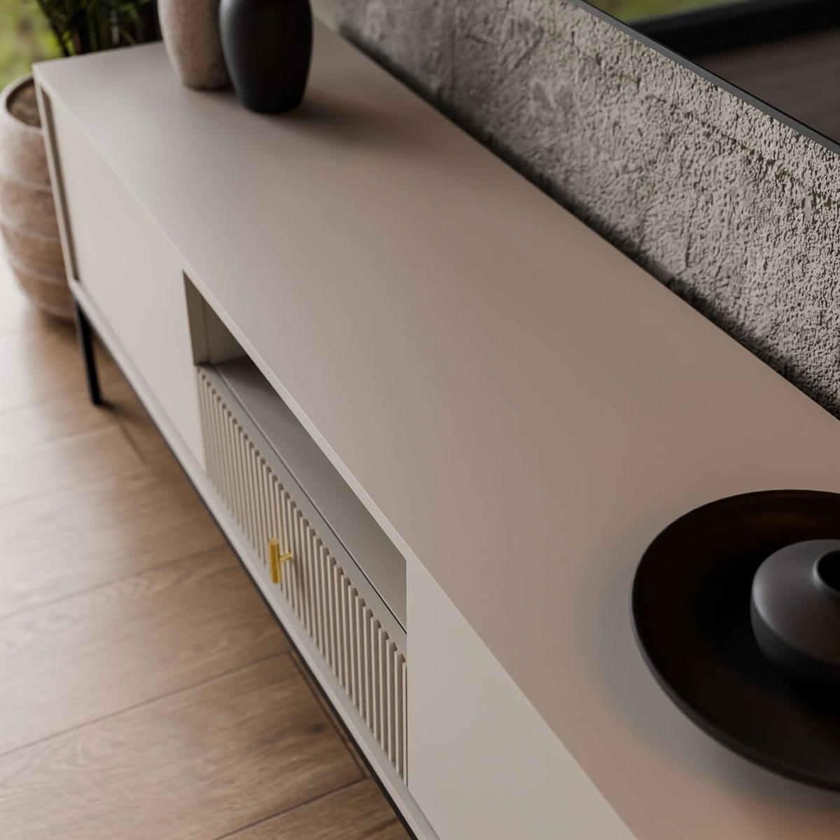 TV-ELEMENT MIDNIGHT mit Schubladen auf Gestell kaschmir - Kaschmir/Schwarz, Holzwerkstoff (154.5/52.5/39cm) - Lookway