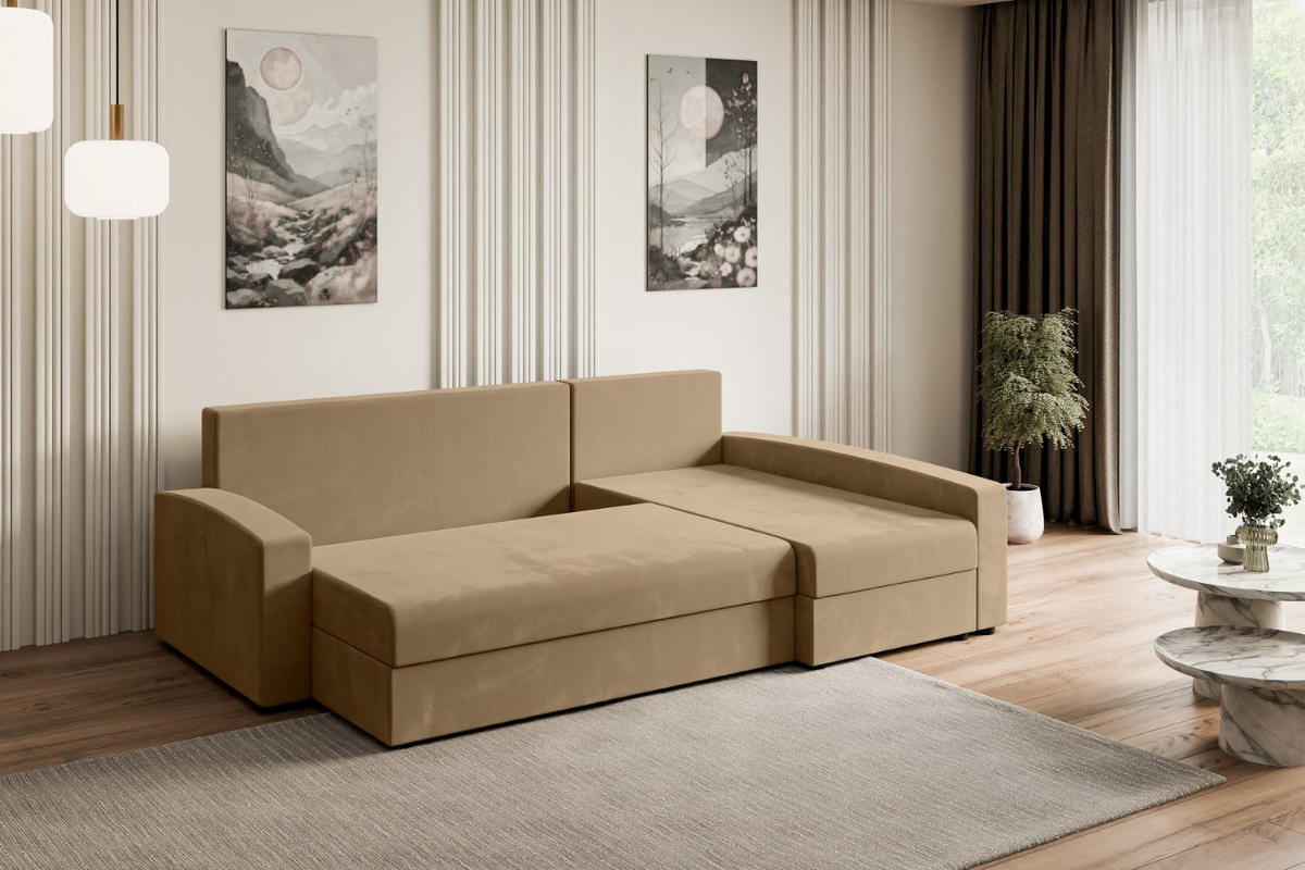 ECKSOFA mit Schlaffunktion und Bettkasten ALESIA-L 231x140x90 cm Beige Velours - Beige/Silberfarben, Holzwerkstoff/Kunststoff (231/140cm) - ALTDECOR
