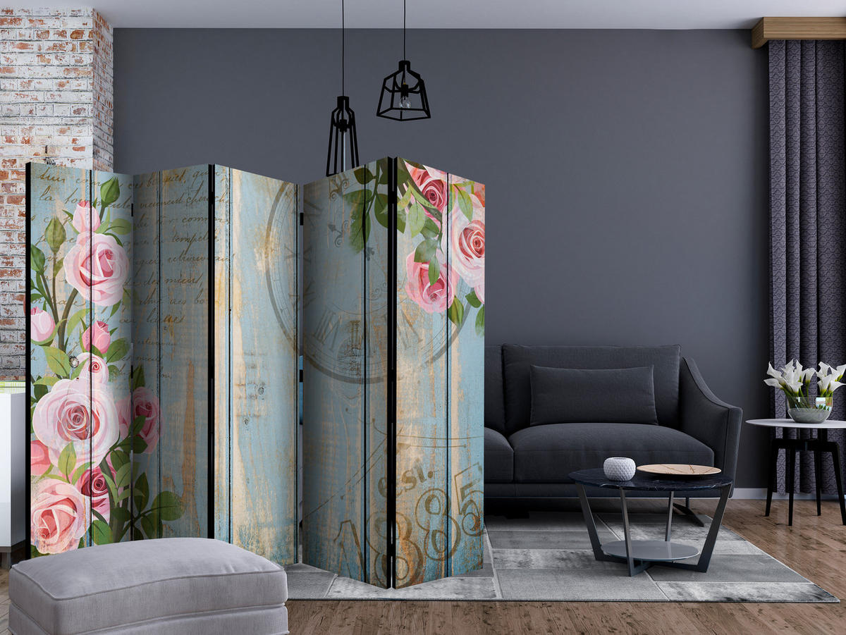 PARAVÁN Akustický 5-dielny 225x172 cm Ruže Kvety - viacfarebná, drevo/textil (225/172/3cm) - Muralo