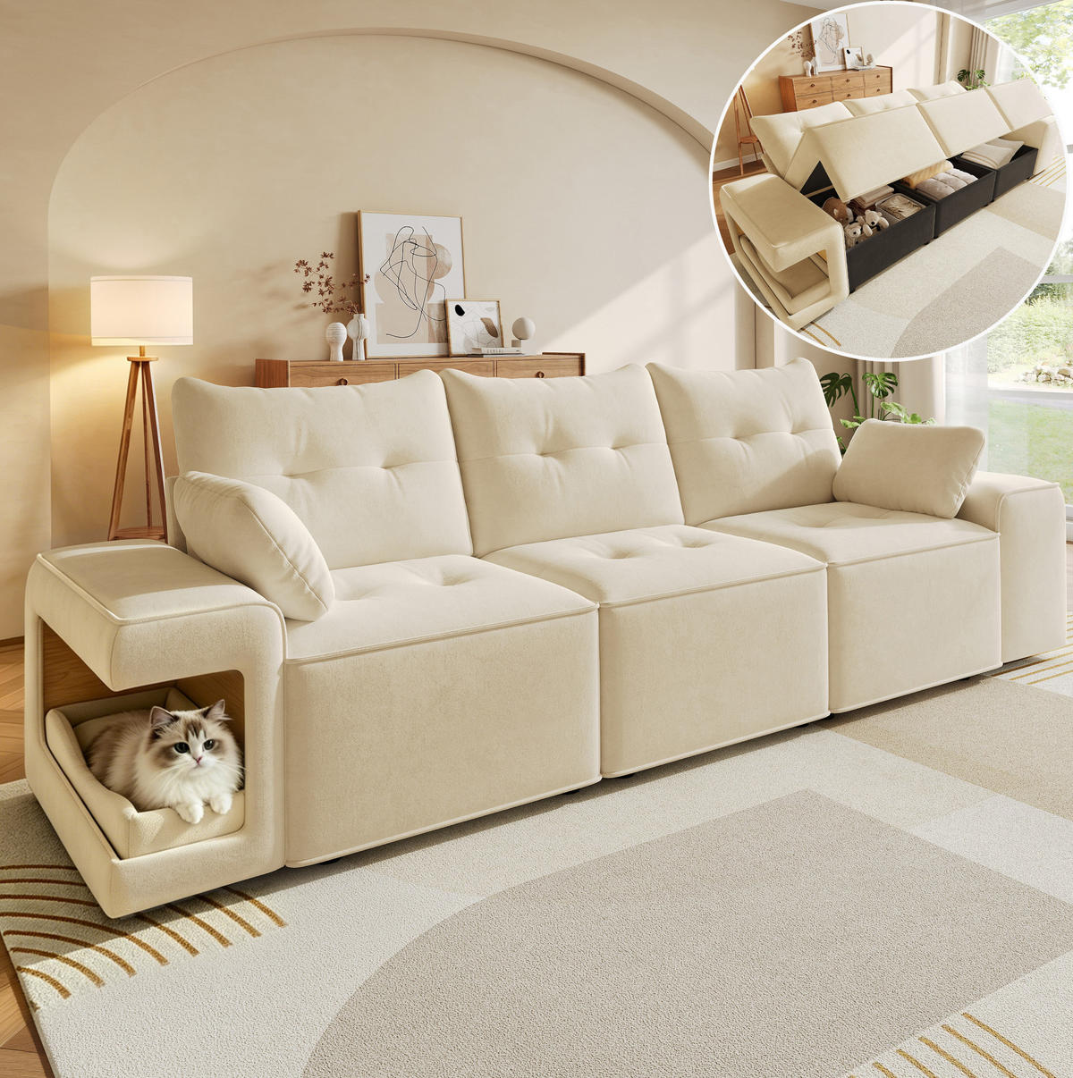 3-SITZER-SOFA 229,5/78/84 cm mit Stauraum, Haustiernischen und Samtbezug, Beige - Beige, Textil (229.5/84/78cm) - Redom