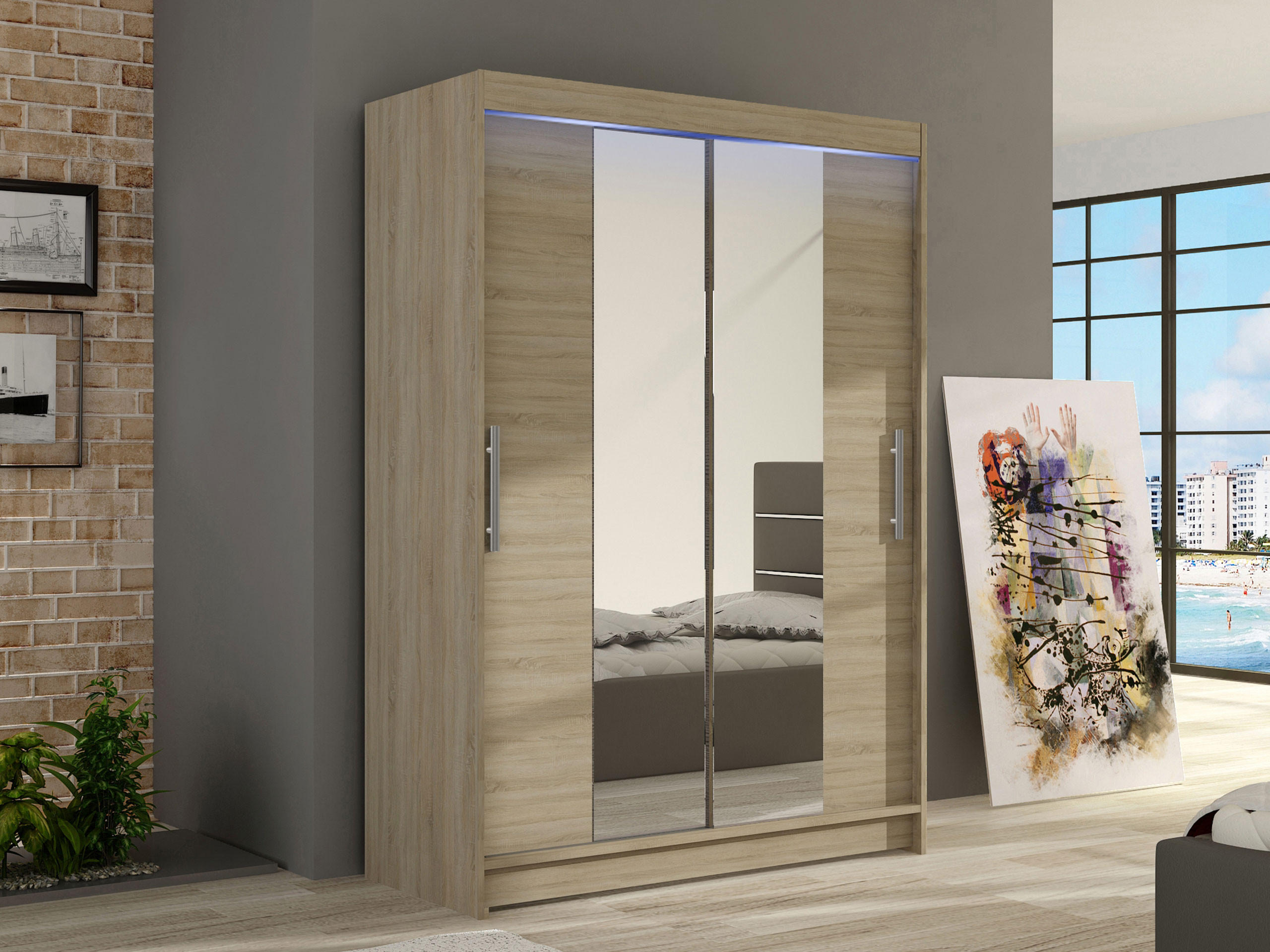 KLEIDERSCHRANK Miami II, mit RGB LED Beleuchtung - Silberfarben/Sonoma Eiche, Holzwerkstoff/Kunststoff (120/200/58cm) - MIRJAN24