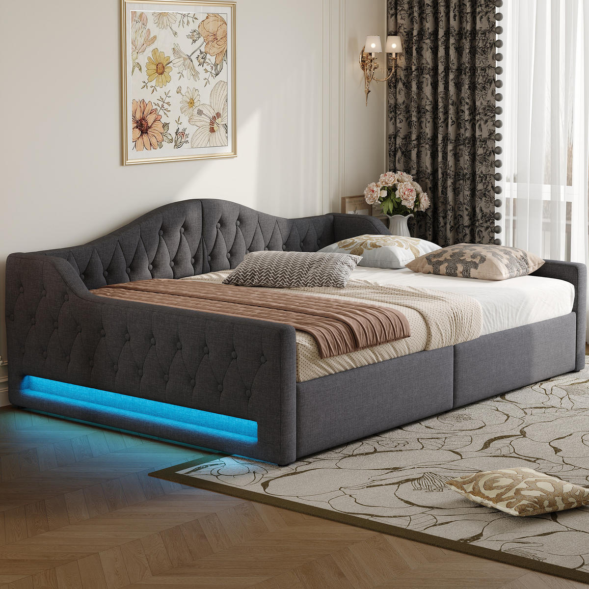 ČALÚNENÁ posteľ z MDF a preglejky 140x200 cm sivá s LED osvetlením a úložným priestorom - sivá, kompozitné drevo (140/200cm) - Modfu