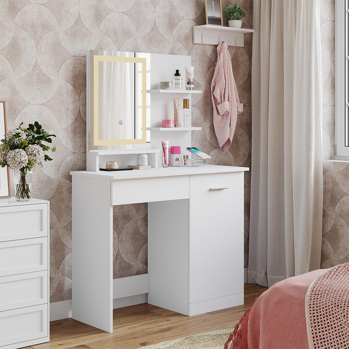 SCHMINKTISCH Julia Weiß 90 cm mit LED-Spiegel und QI-Ladestation - Weiß, Holzwerkstoff (90/137.5/38cm) - Vicco