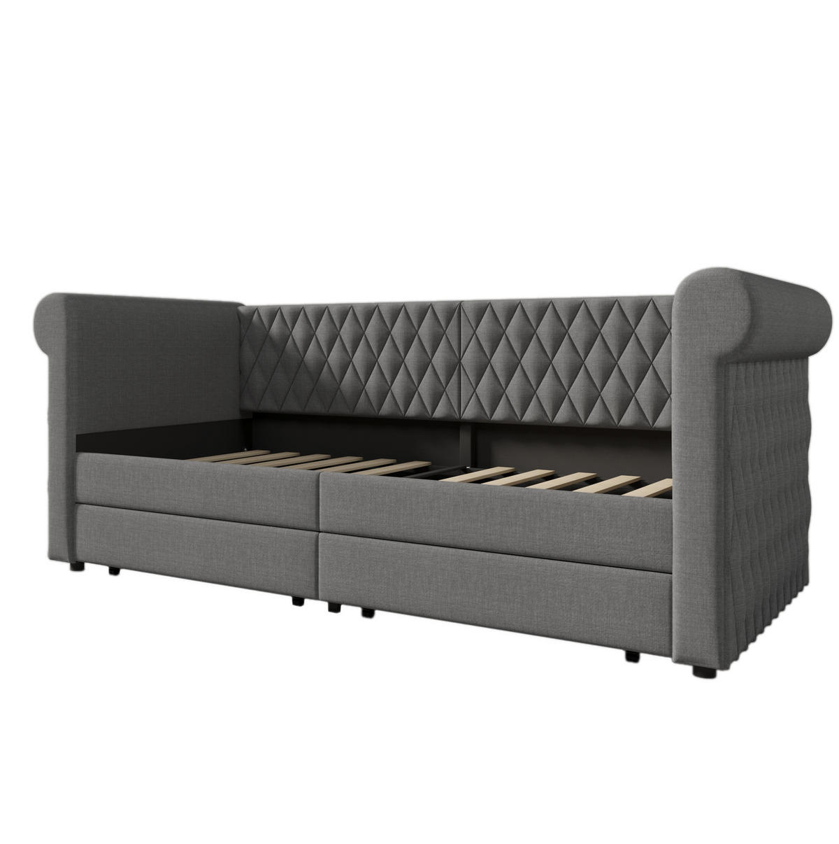 POLSTERBETT aus Leinen 90x200 cm in Grau mit 2 Schubladen - Grau, Textil (90/200cm) - Modfu