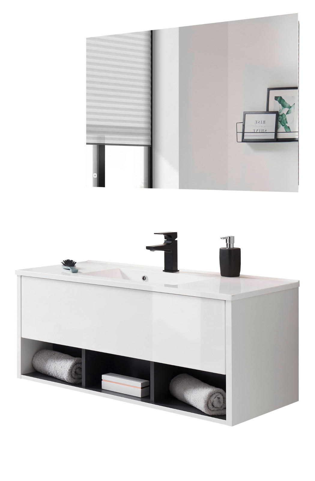 BADMÖBEL Set in weiß Hochglanz und grau mit Waschbecken und LED Beleuchtung 100 x 190 cm Glide - Weiß Hochglanz/Grau, Glas/Holzwerkstoff (100/190/190cm) - Furn.Design