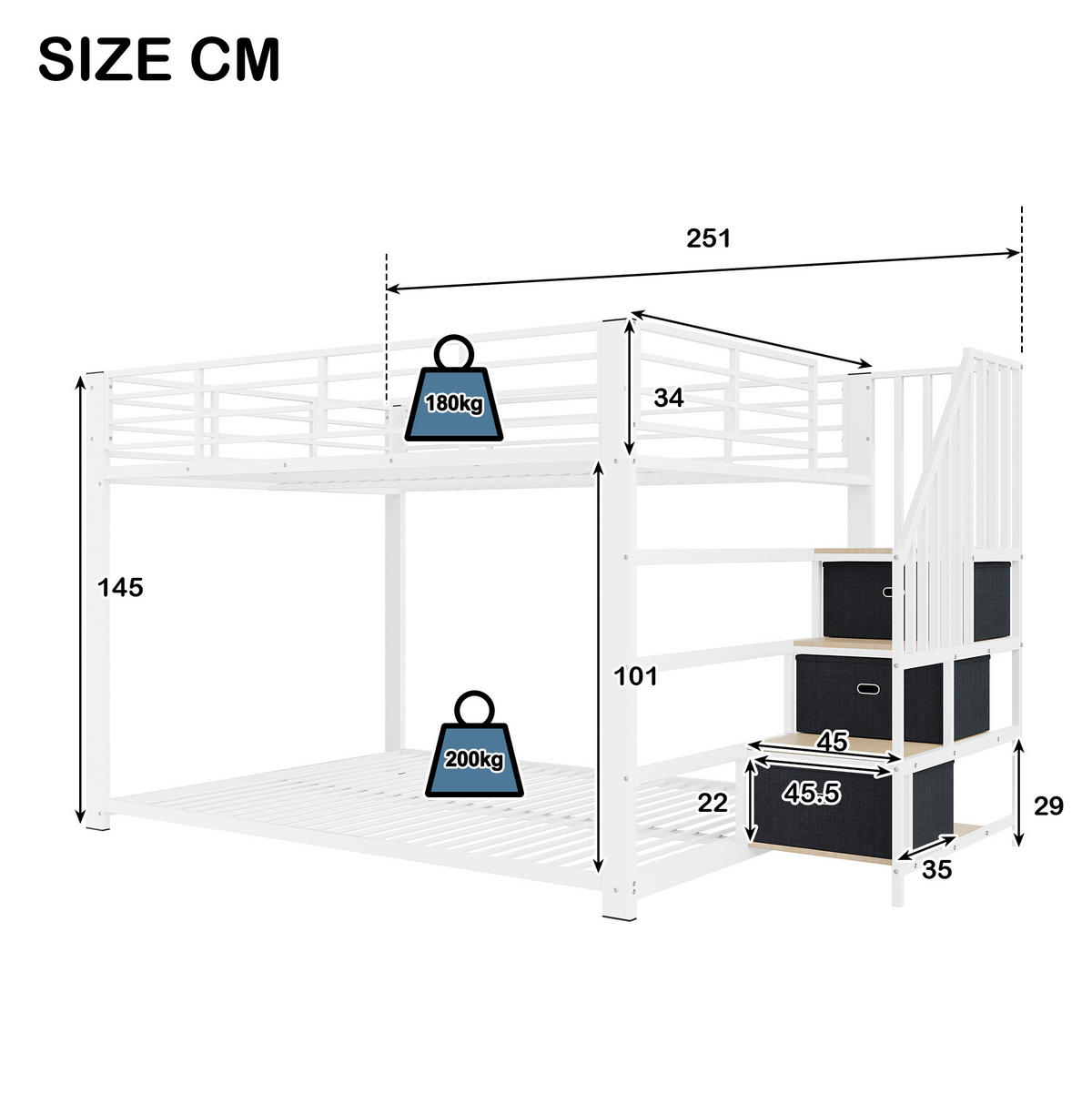 ETAGENBETT aus MDF und Metall 140x200 cm Weiß/Walnuss mit Stauraumtreppe, LED und USB-Anschlüssen - Weiß, Holzwerkstoff (140/200cm) - Modfu