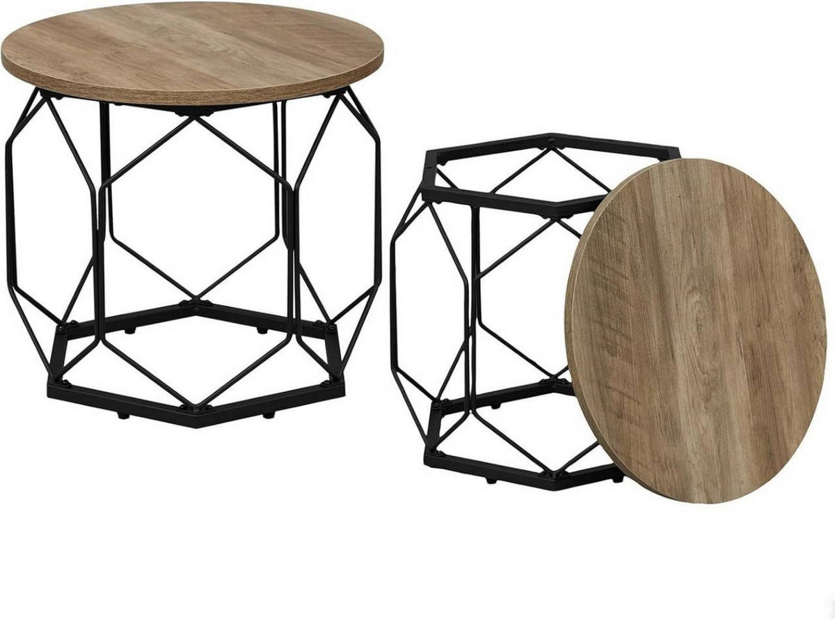 COUCHTISCH 2er Set, rund, Graue Holzoptik - Schwarz/Sonoma Eiche, Holzwerkstoff/Metall (50/50/45cm) - Woltu