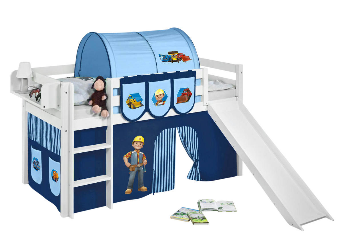 SPIELBETT JELLE Bob der Baumeister - Hochbett - mit Rutsche und Vorhang - Weiß, Holz - Lilokids