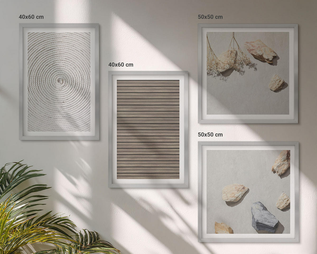 BILDER SET 4er Set - 50x50 cm & 40x60 cm Silberner Rahmen - Natürliche Texturen Holz Steine - Silberfarben, Kunststoff (50/50cm) - TULUP