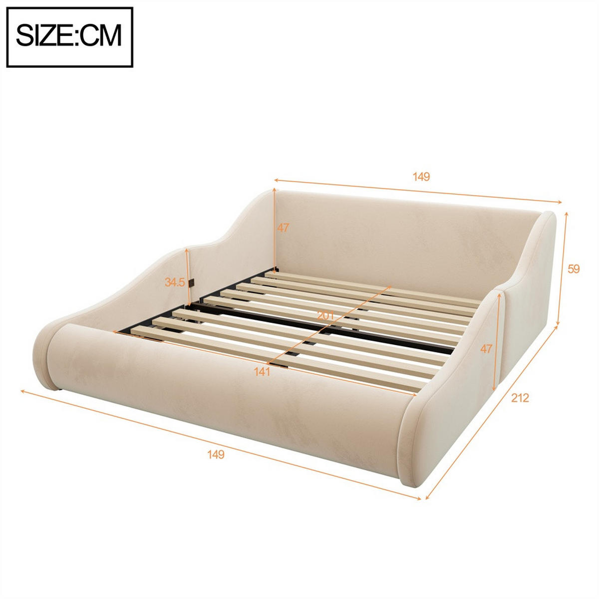POLSTERBETT 140x200 cm mit hohem Kopfteil und Seitenschutzgittern - Samtstoff - ohne Matratze - Beige - Beige, Textil (140/200cm) - DELFA