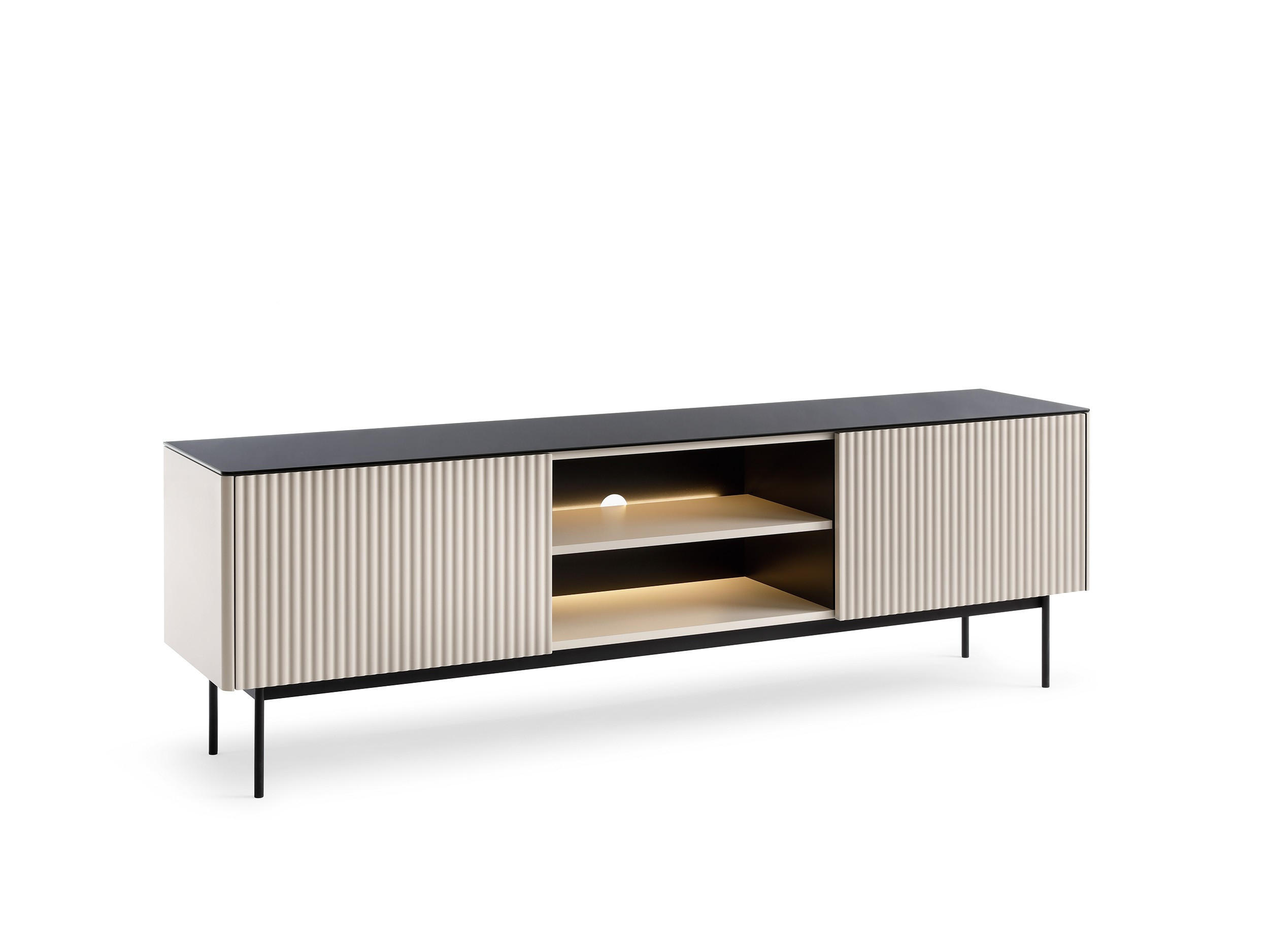 RTV-SCHRANK Rita Kaschmir, zweitürige TV-Tisch mit LED beleuchtung - Kaschmir/Schwarz, Holzwerkstoff (180/57/39cm) - Bettso