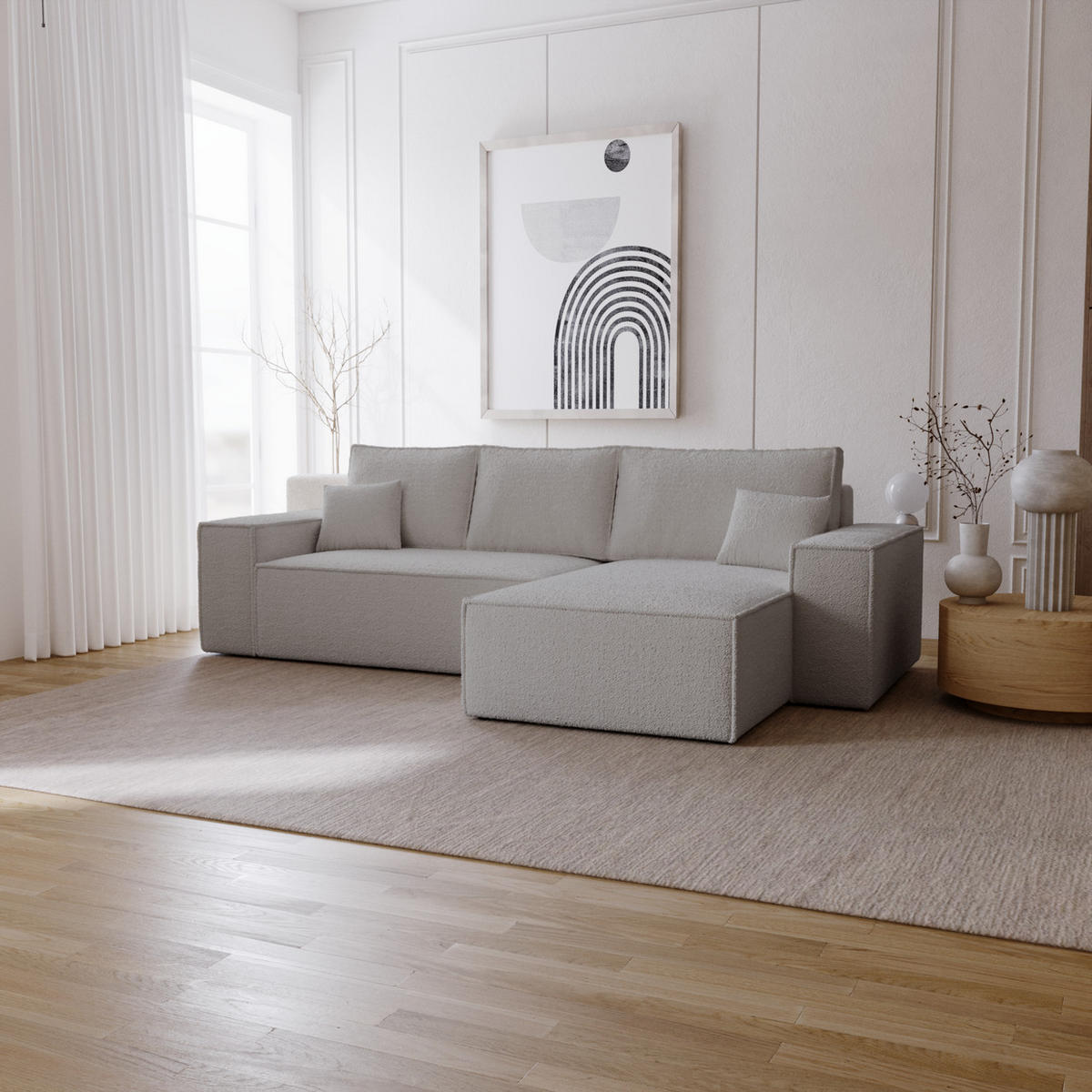 ECKSOFA Bouclé 280 cm Bergamo L mit Bettkasten, Schlaffunktion, Rechts - Hellgrau - Hellgrau, Holz (189/277cm) - Emporius