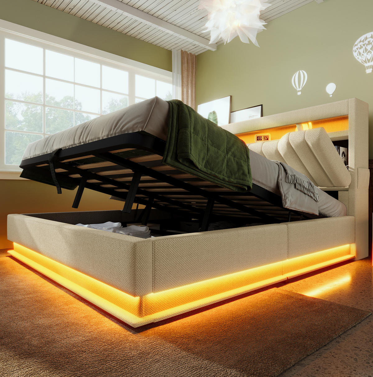 POLSTERBETT 160/200 cm Beige aus Leinen mit Stauraum und LED-Beleuchtung mit Matratze - Beige, Textil (160/200cm) - OKWISH