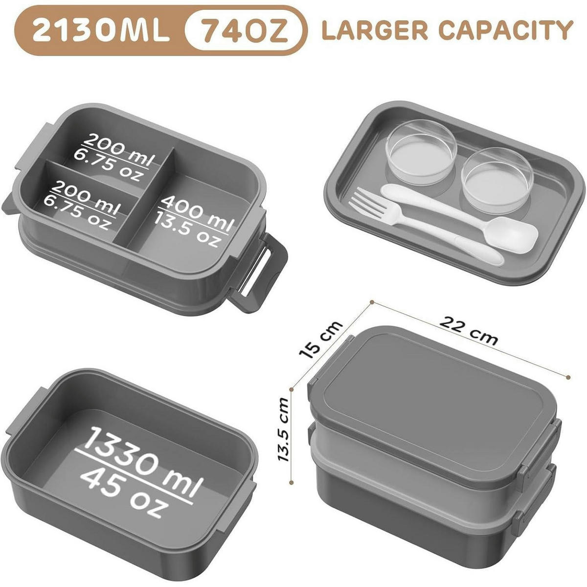BENTO Box 2130ml 3-lagig Grau - Grau, Kunststoff (14.5/12.5/22cm)