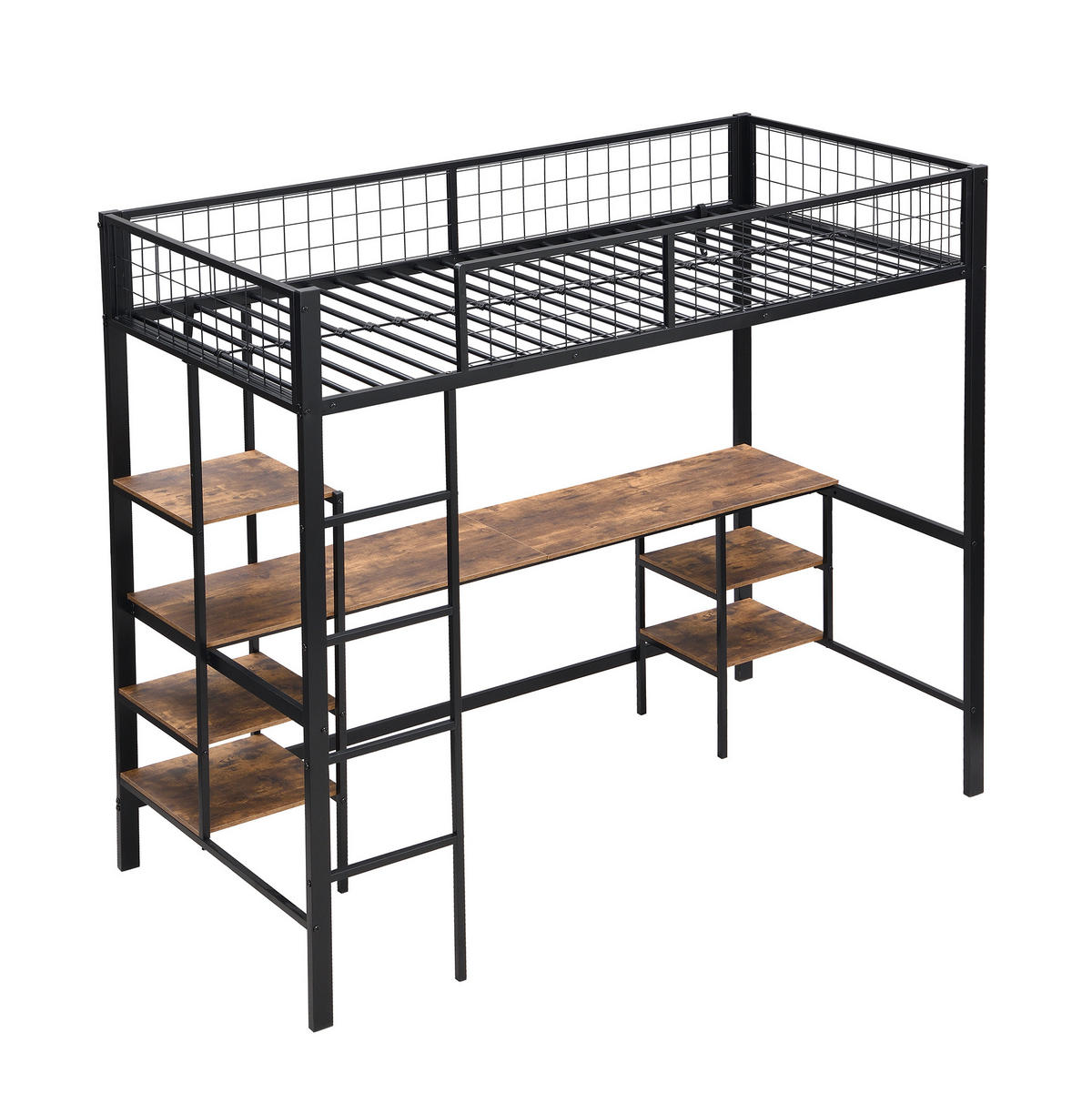 ETAGENBETT 90/200 cm mit Schreibtisch, Regalen, 4-stufiger Leiter und Metallgestell, Schwarz, dunkle Holzfarbe - Schwarz, Metall (90/200cm) - Redom