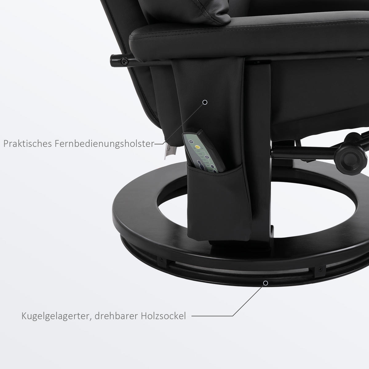 RELAXSESSEL mit Liegefunktion Massagesessel inkl. Hocker Fernsehsessel drehbar - Schwarz, Leder/Kunststoff (80/102/76cm) - HOMCOM