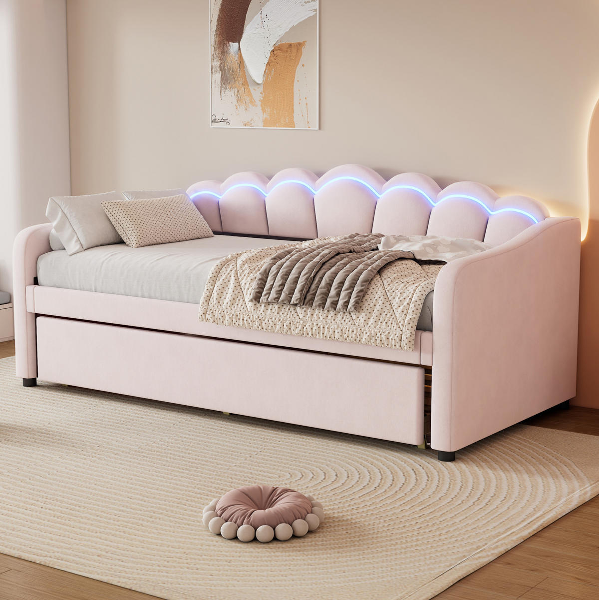 BETT 90/200 cm aus Samt in Rosa mit Ausziehbett und LED-Beleuchtung - Rosa, Textil (90/200cm) - Flora Grace