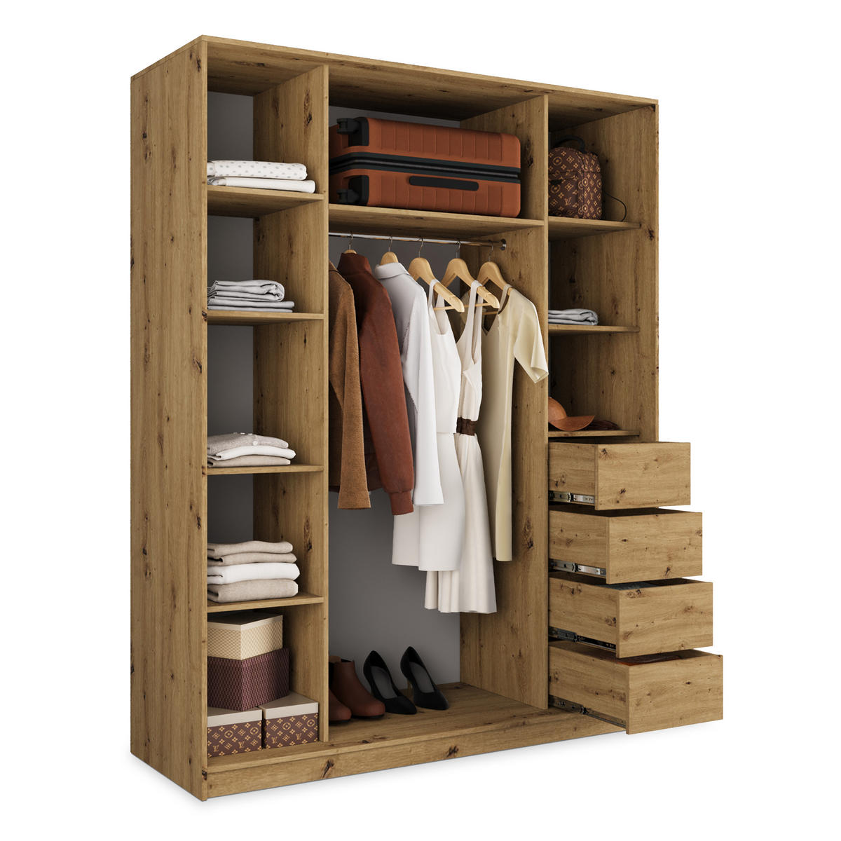 SCHWEBETÜRENSCHRANK NATA 150/205/58 cm 3-türig mit Spiegel und Schubladen Schwarz / Eiche Artisan - Silberfarben/Schwarz, Holzwerkstoff (150/205/58cm) - MASSENO