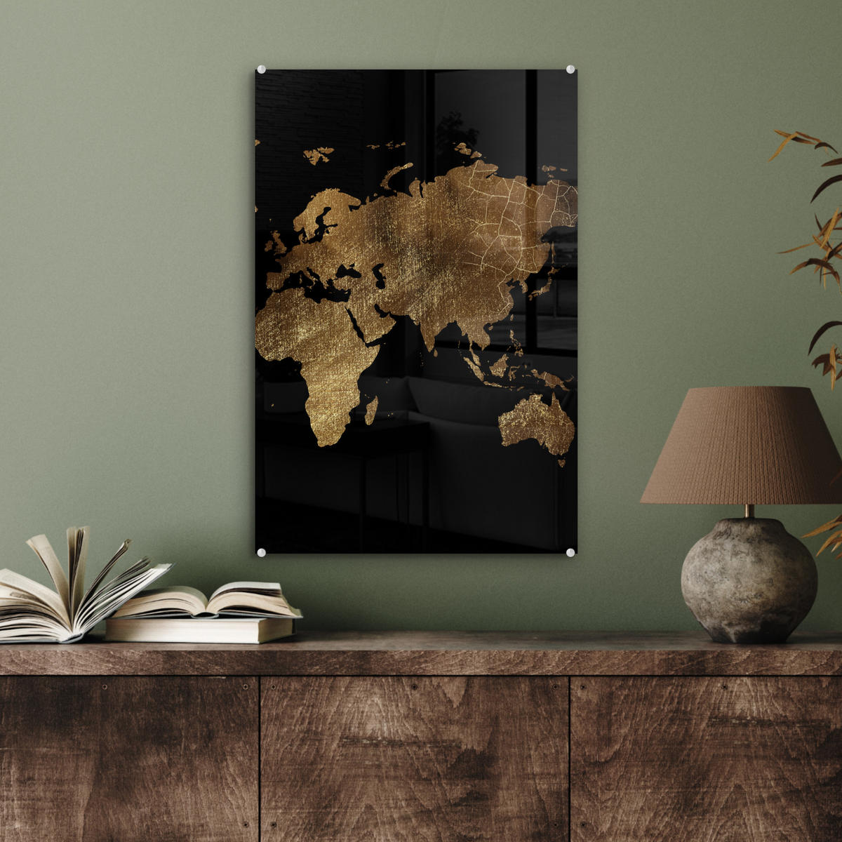 ACRYLGLASBILD Weltkarte - Gold - Luxus - Erde - Schwarz 40x60 cm - Goldfarben, Glas (40/60cm) - MuchoWow