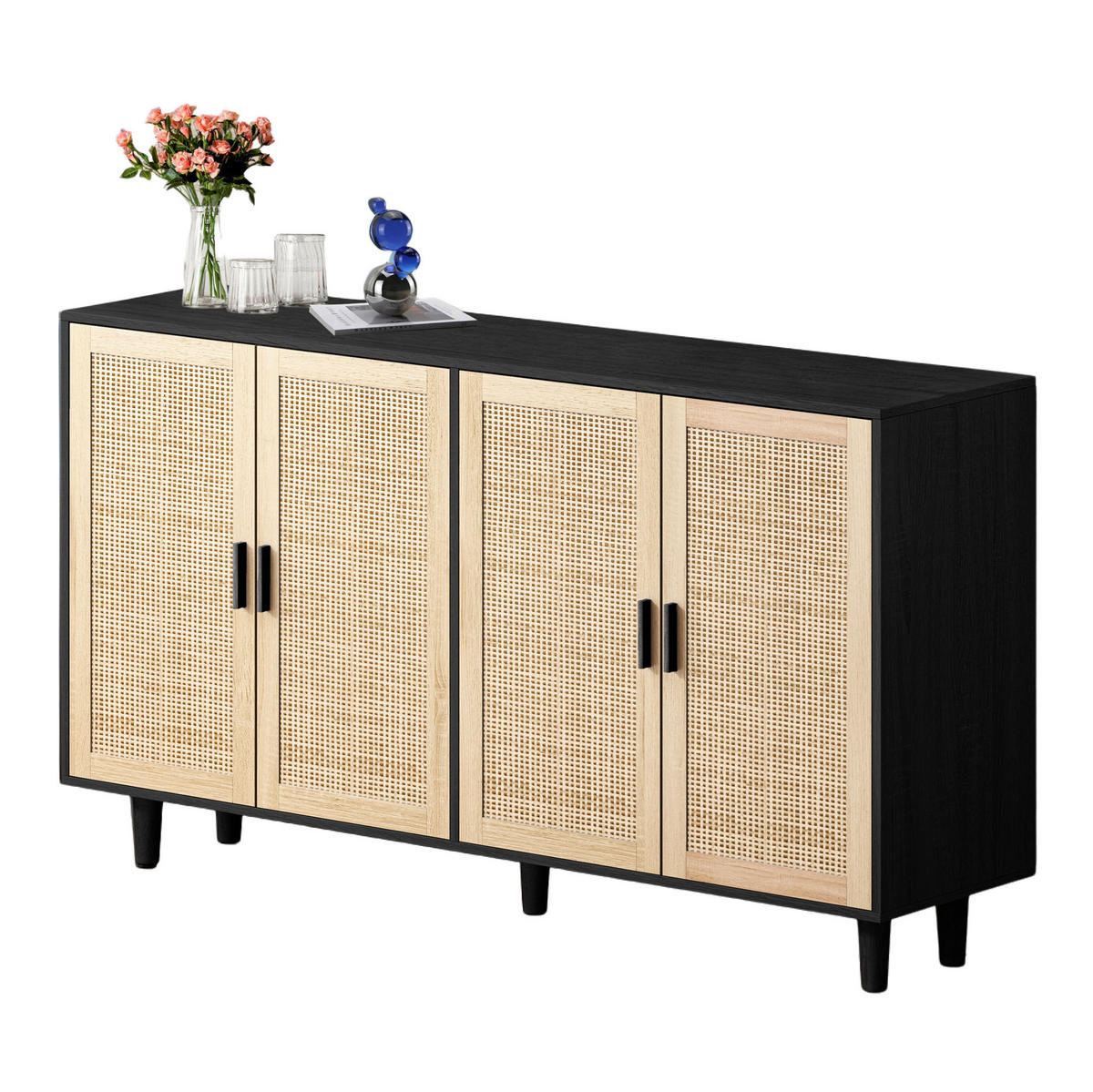 SIDEBOARD 158/40/88 cm in Schwarz mit 4 Rattantüren und verstellbarem Einlegeboden - Schwarz, Holzwerkstoff (158/88/40cm) - Flora Grace