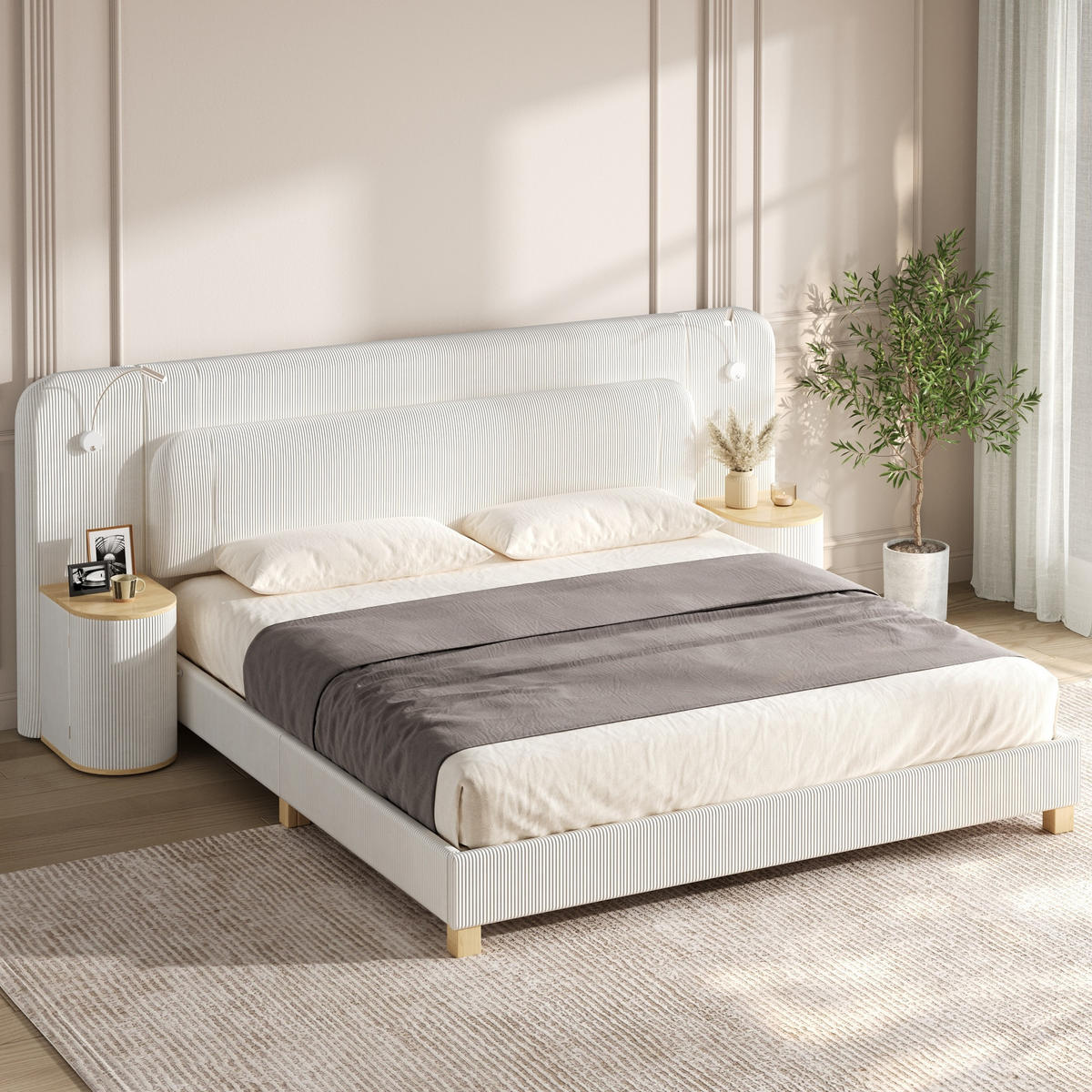 POLSTERBETT 180/200 cm mit Nachttischen und LED, DE-41849, in Beige - Beige, Holzwerkstoff (180/200cm) - ComfortXL