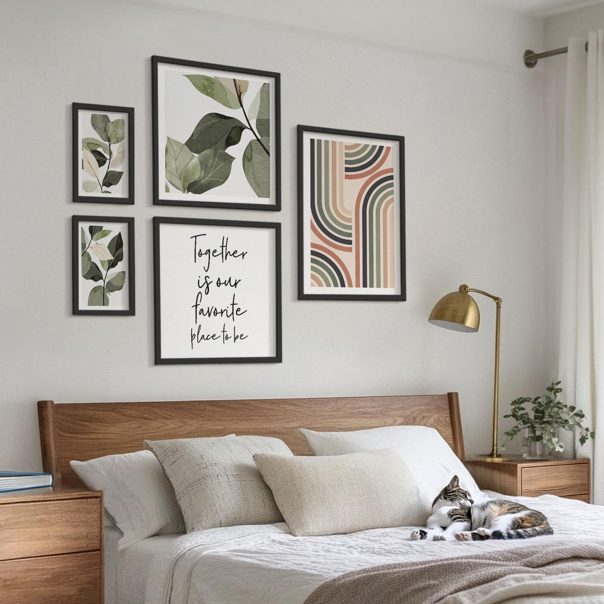 WANDBILDER 5er-Set - 50x50 cm & 20x30 cm & 40x60 cm Schwarzer Rahmen - Geometrische Pflanzenmotive - Schwarz, Kunststoff (40/60cm) - ArtPrintCave
