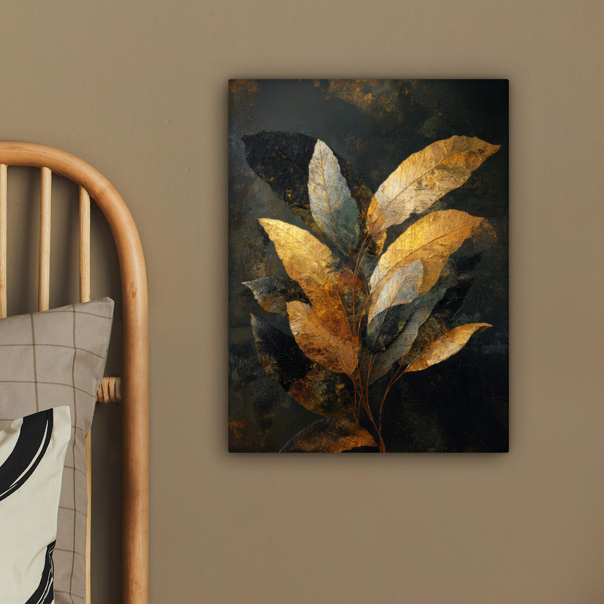 LEINWANDBILD Golden Leaf Komposition - Botanical Luxury Room Decor 30x40 cm - Goldfarben/Schwarz, Textil (30/40cm) - MuchoWow
