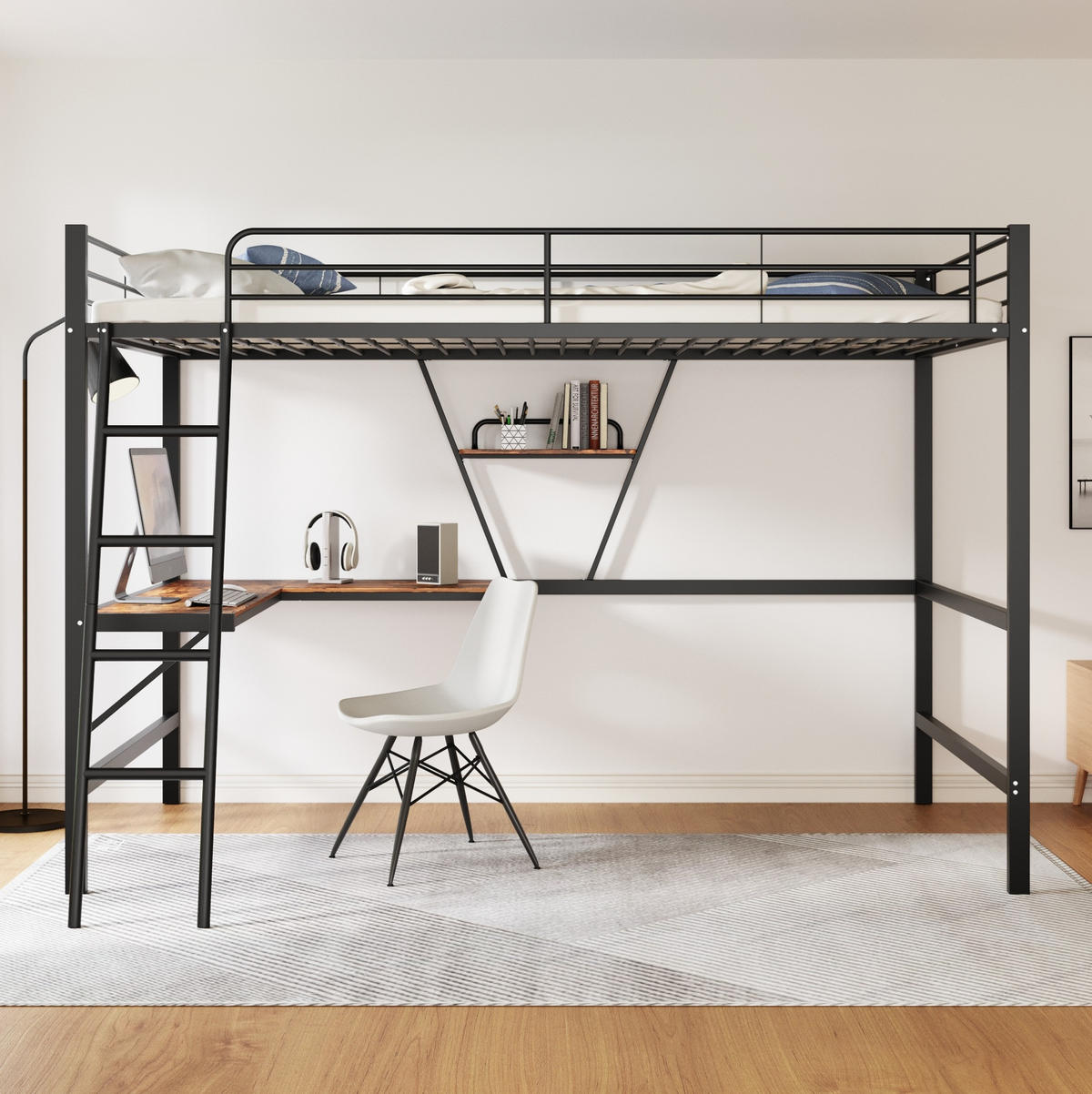HOCHBETT 90/200 cm Schwarz mit Schreibtisch und Regal - Schwarz, Metall (90/200cm) - MIVRAY