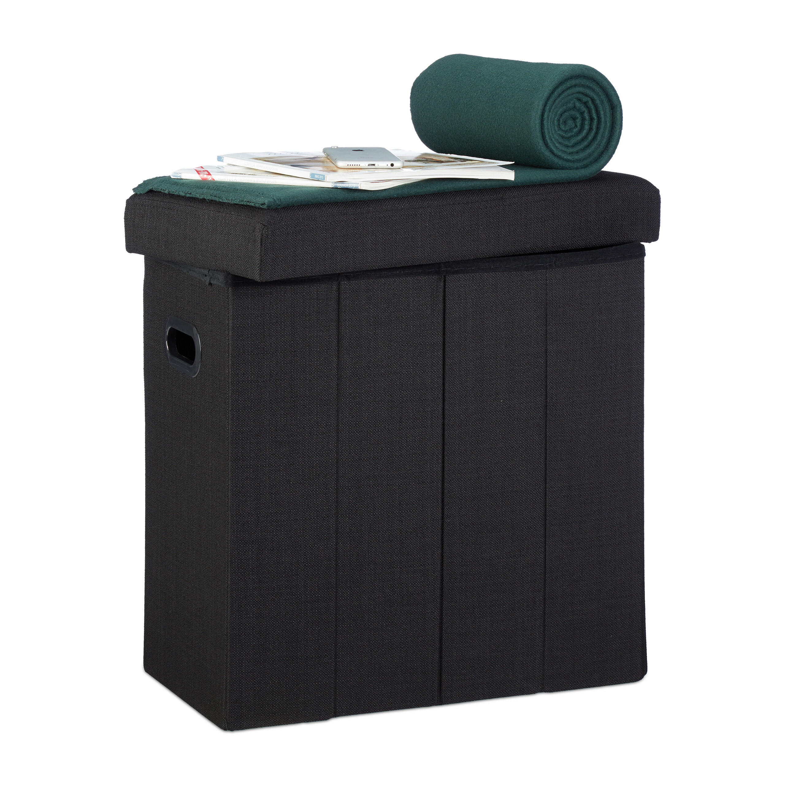 TABURE Črna zložljiv s shranjevalnim prostorom 49,5 cm - črna, leseni material/tekstil (46/49.5/25.5cm) - Relaxdays