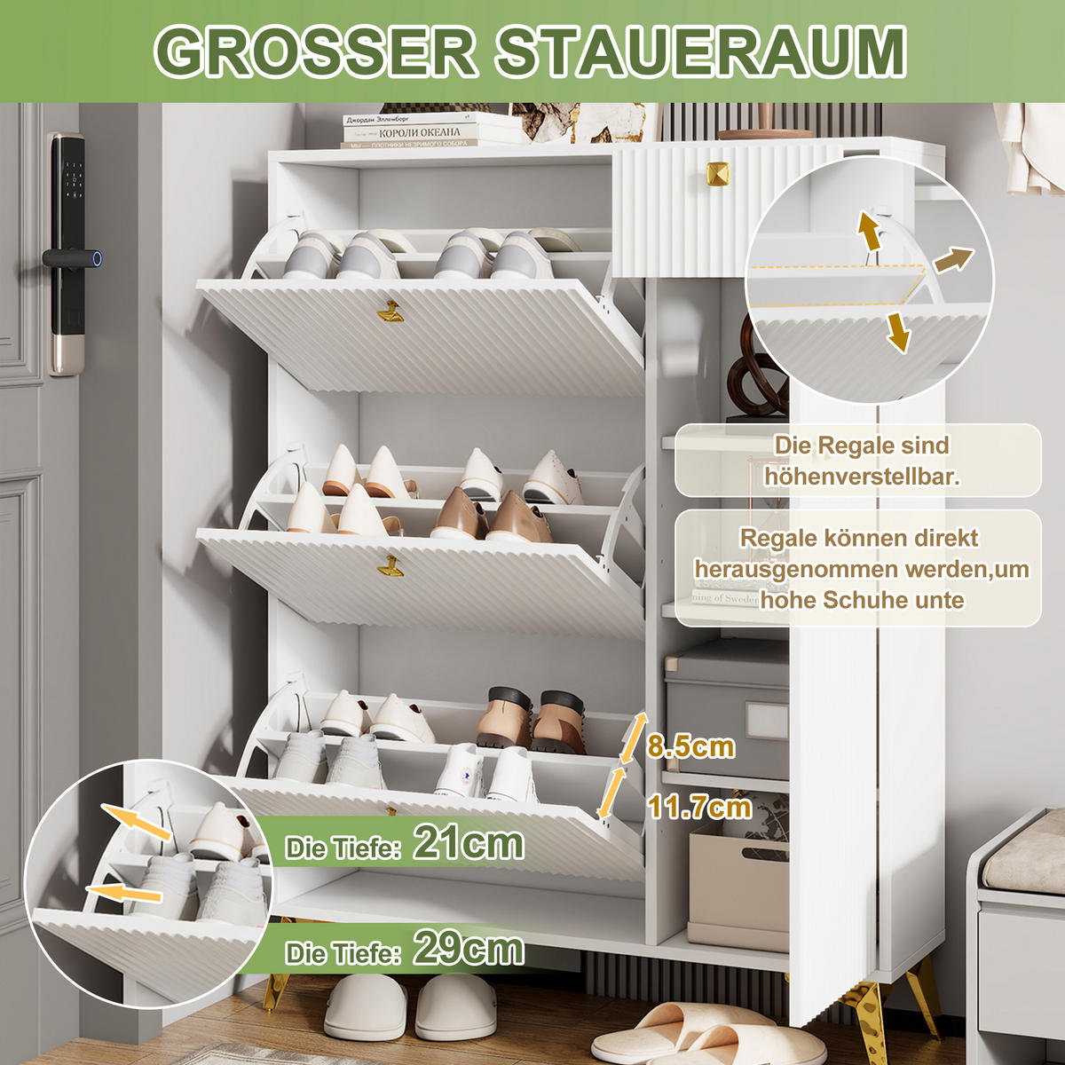 SCHUHSCHRANK in Weiß Schuhkipper mit 3 Klappen und 1 Schublade für Eingangshalle und Flur, B90/T25/H121cm - Goldfarben/Weiß, Holzwerkstoff/Metall (90/121/30cm) - STILVORA