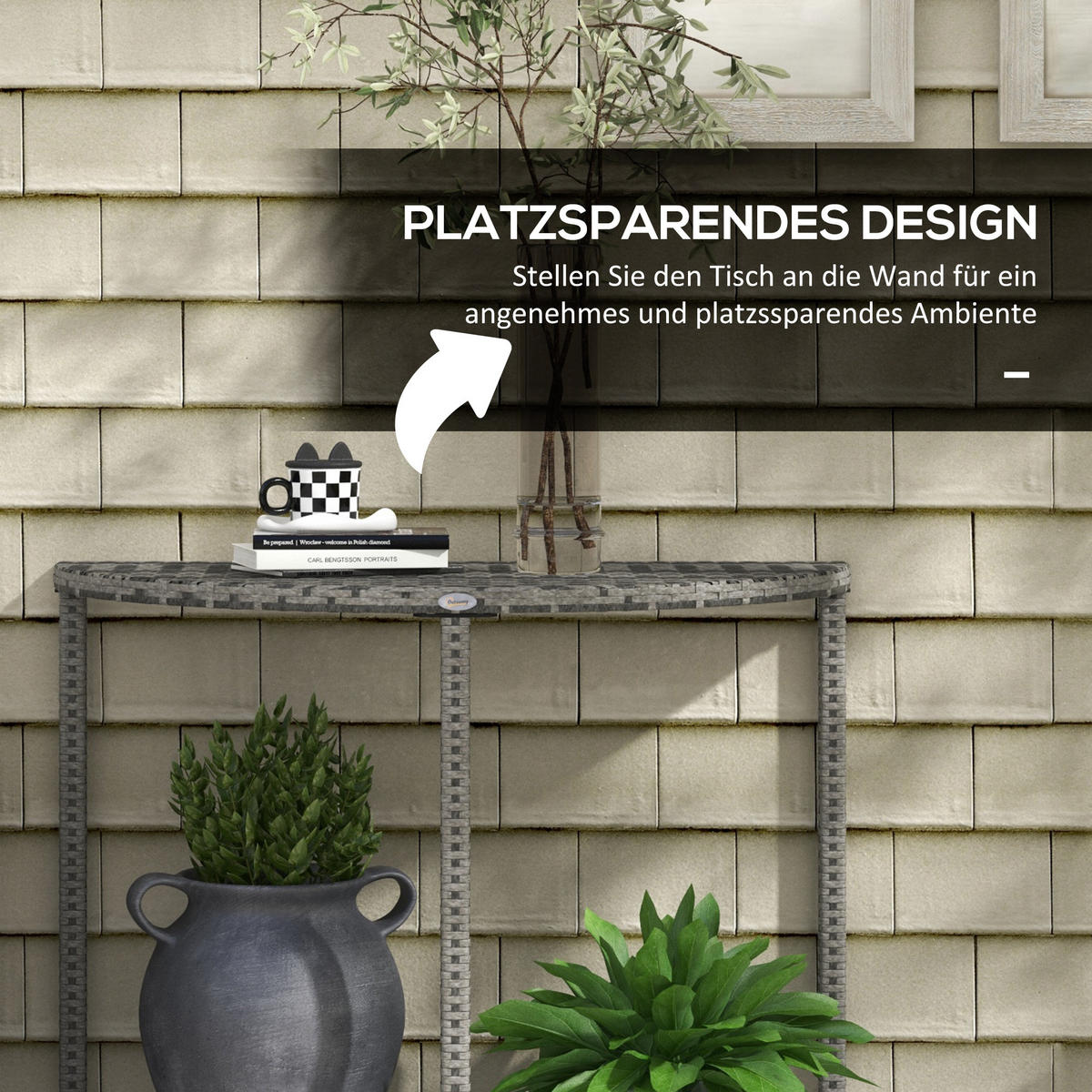 BALKONTISCH, Grau, PE Rattan, Metall - Grau, Kunststoff (100/50/74cm) - Outsunny