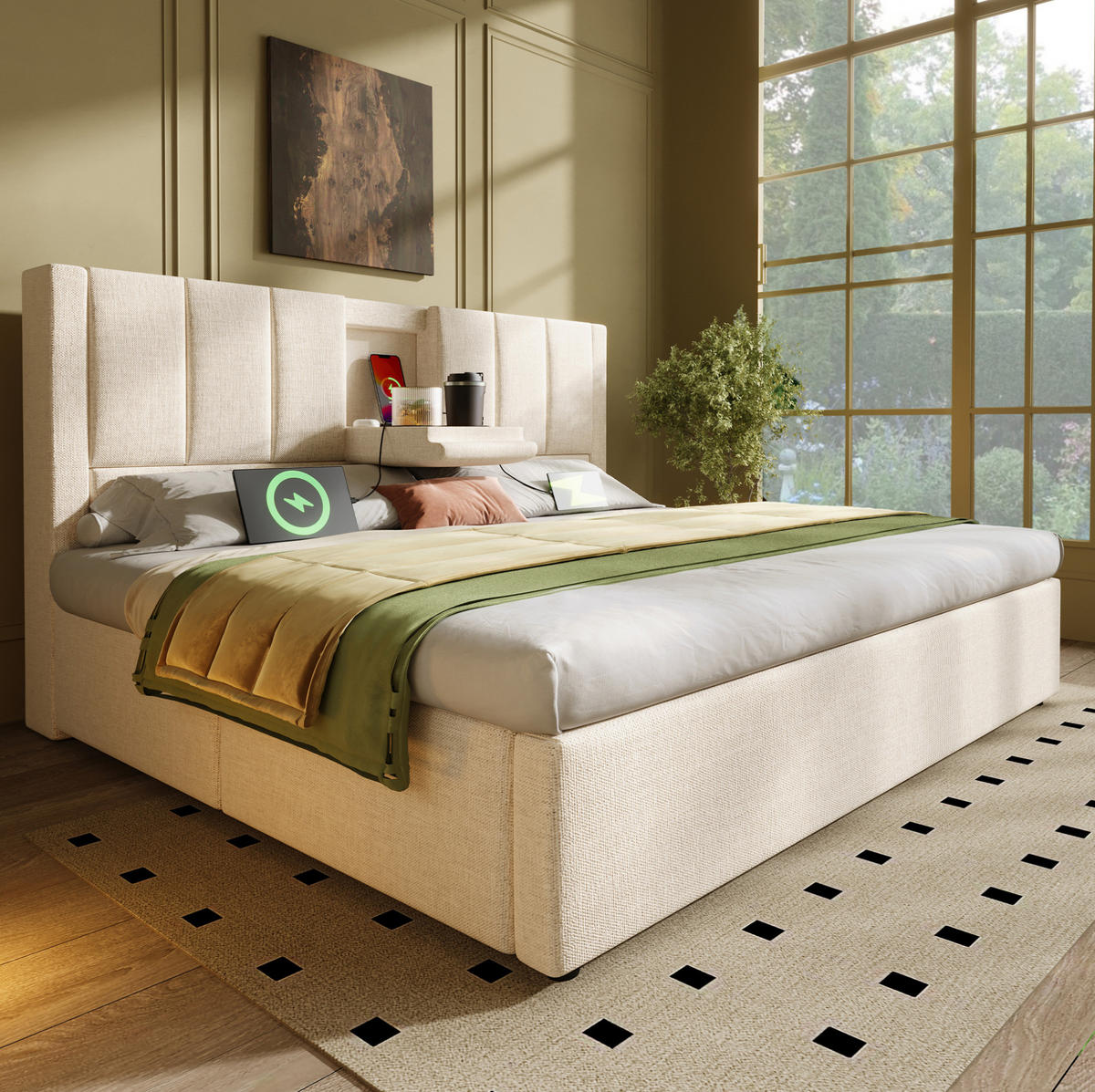 POLSTERBETT 160/200 cm aus Leinen mit Stauraum und Ladestation mit verstecktem Becherhalter Beige - Beige, Textil (160/200cm) - Modenvie