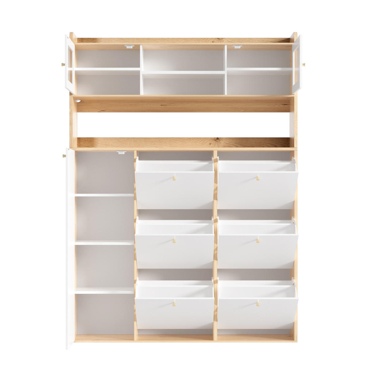 SCHUHSCHRANK 130x25x180cm mit Glas, LED und 6 Klappen - Weiß/Naturfarben, Holzwerkstoff (130/180/25cm) - FLIEKS
