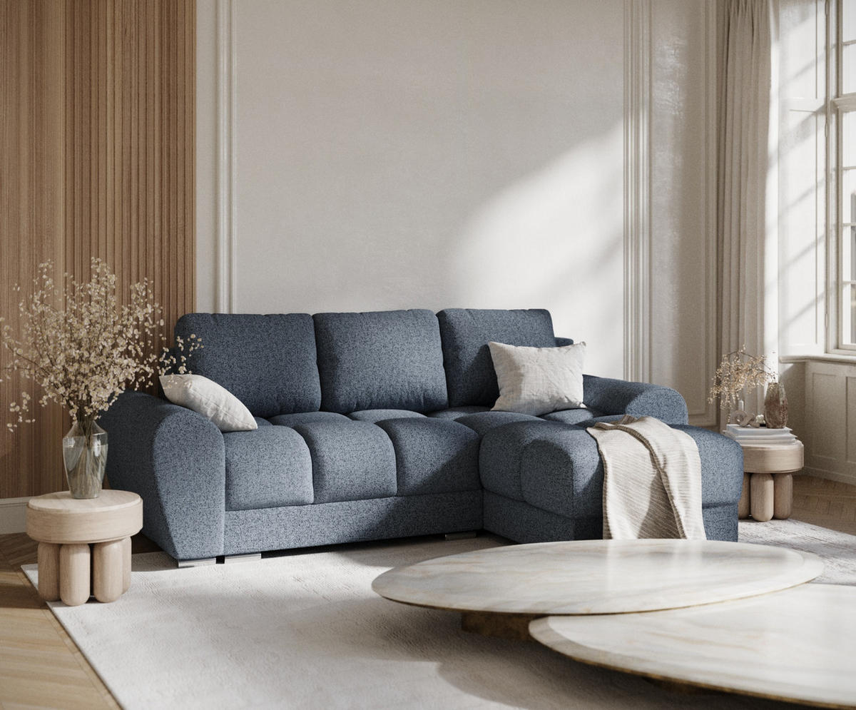 ECKSOFA MIT SCHLAFFUNKTION Peebles Denimblau Webstoff - Chromfarben/Dunkelblau, Holz/Holzwerkstoff (256/175cm) - Maison de Reve