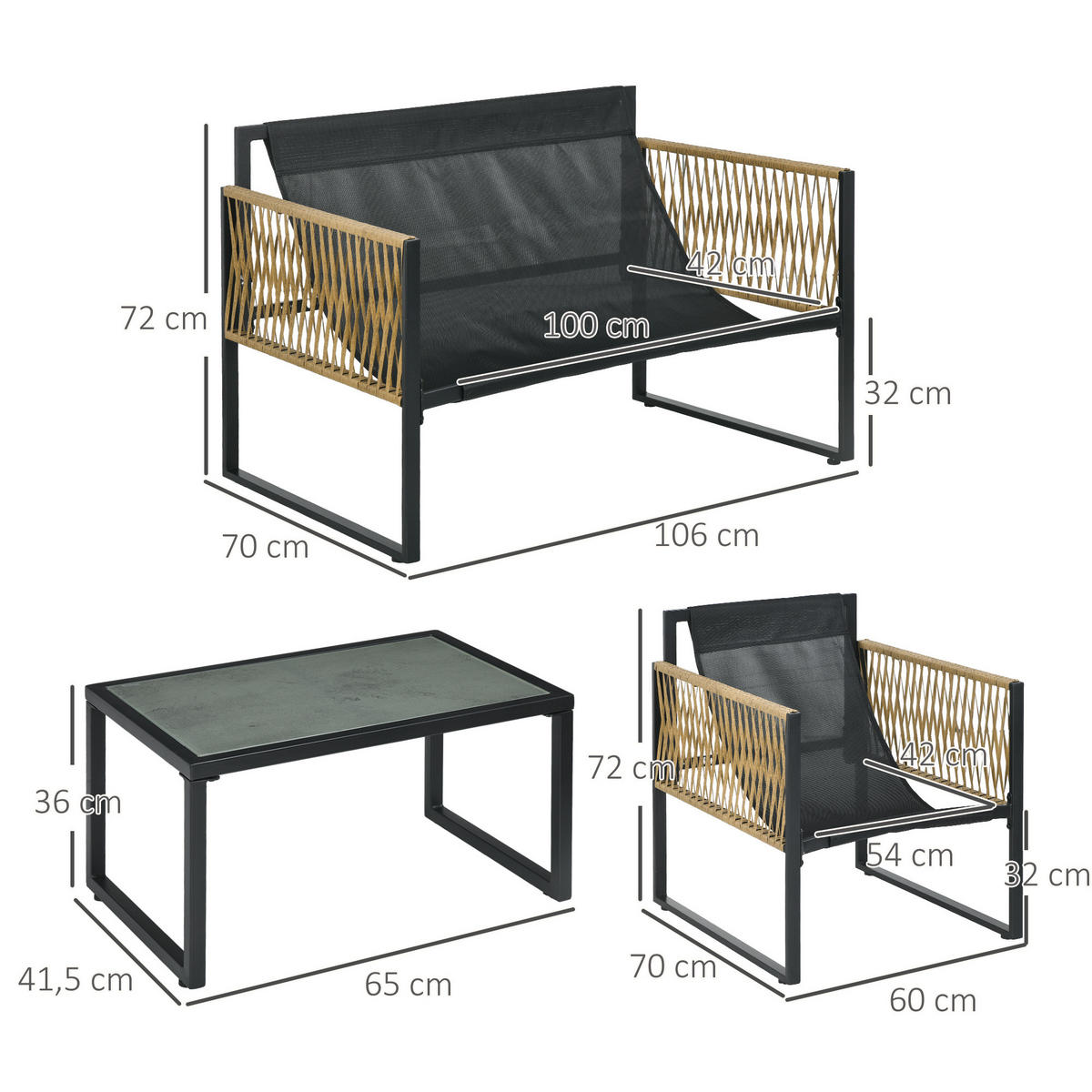 GARTENSET DE-13591 4-teilig mit Glastisch, 3 Kissen Grau - Grau, Metall - ComfortXL