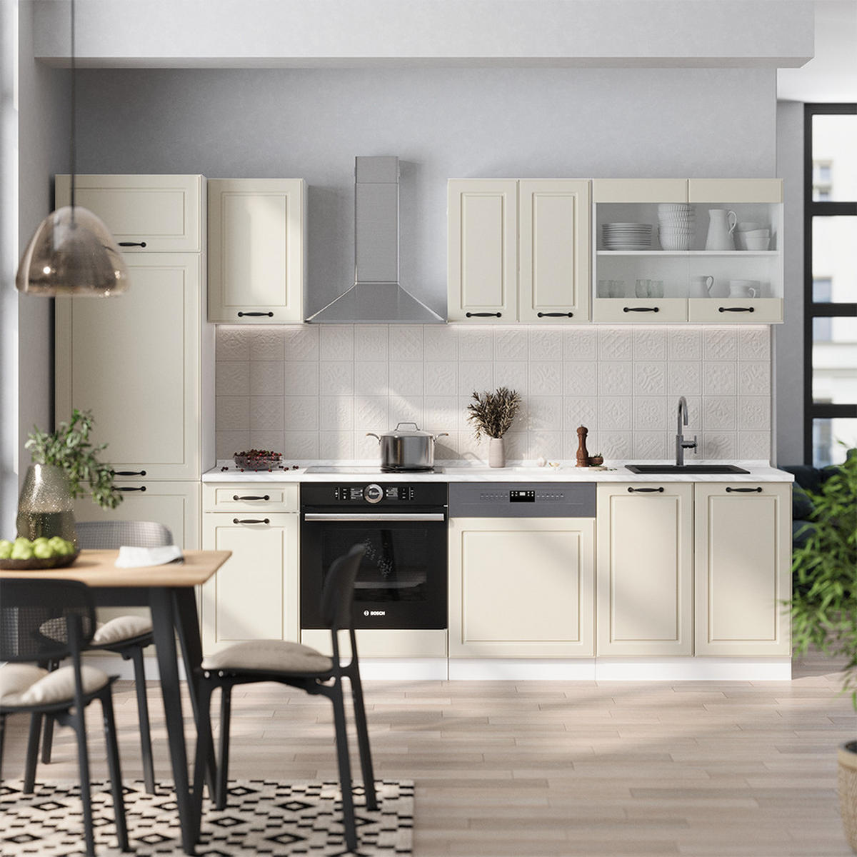 KÜCHENZEILE R-Line, Sand Landhaus/Weiß, 300 cm Arbeitsplatte Marmor - Beige/Weiß, Holzwerkstoff (300/206.8/60cm) - Vicco