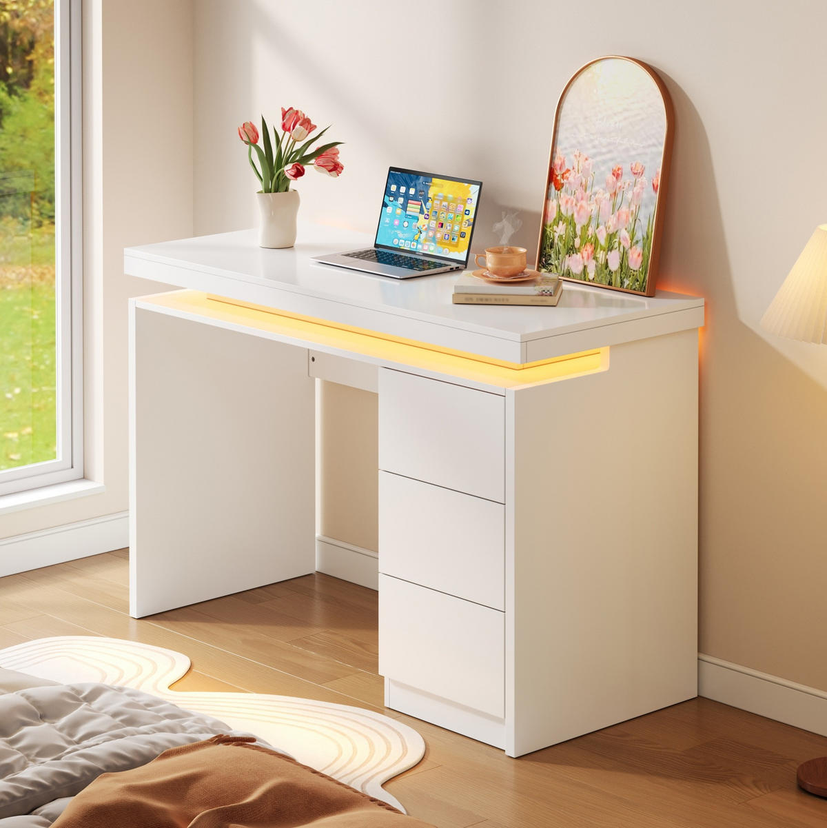 PSACÍ stůl 120/50/78,5 cm, MDF, bílý, s LED osvětlením a 3 zásuvkami - bílá, kompozitní dřevo (120/78.5/50cm) - BEAOK