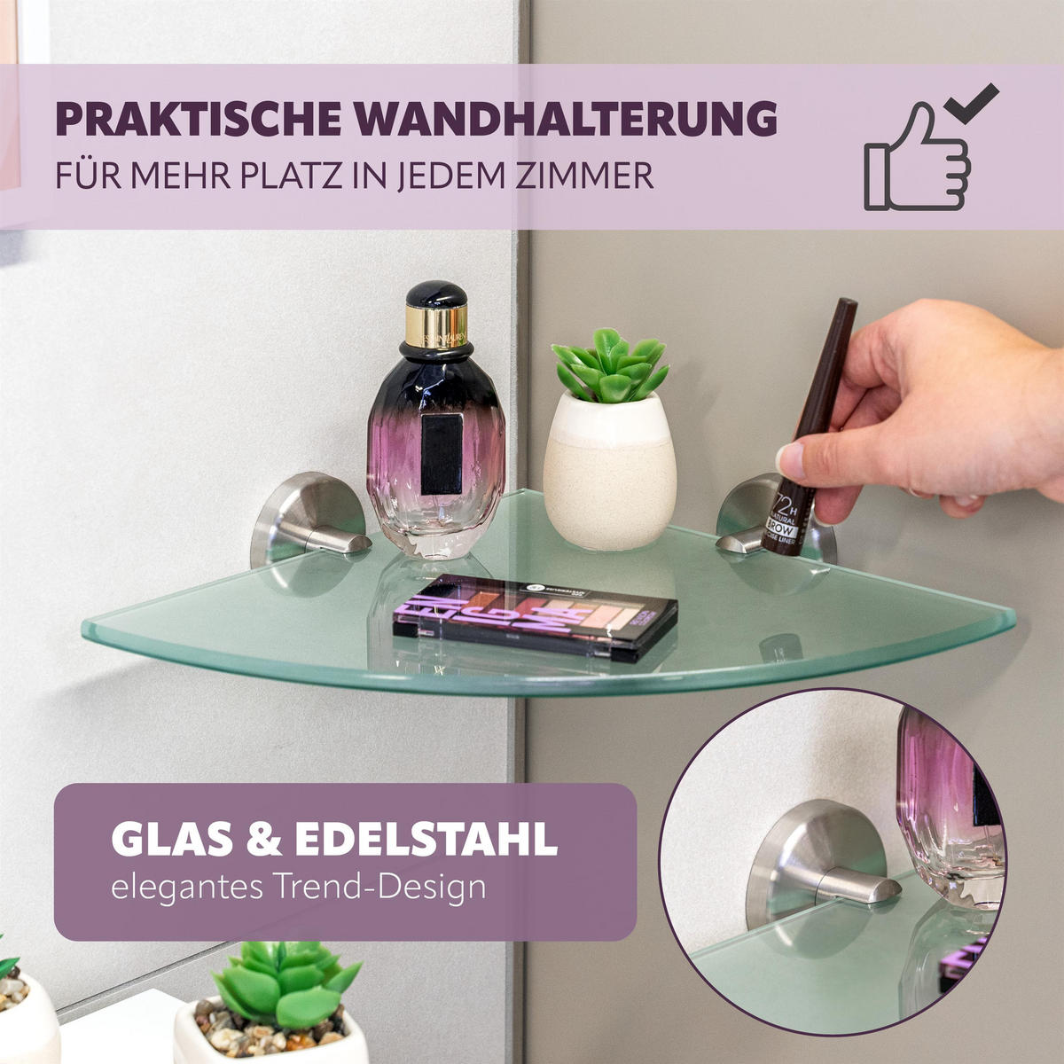 GLAS-ECKABLAGE PIAZZA Edelstahl, inkl. Klebeset - Silberfarben, Metall (35/6/25cm) - bremermann