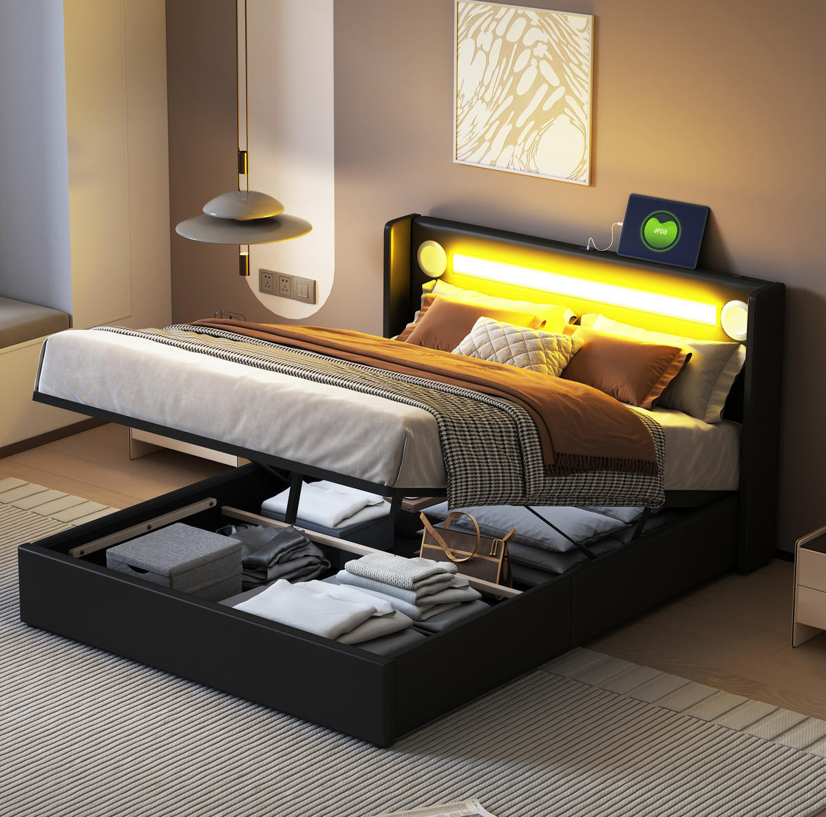 POLSTERBETT mit LED-Beleuchtung 140/200 cm mit Bettkasten und USB in Schwarz - Schwarz, Kunststoff (140/200cm) - BEAOK