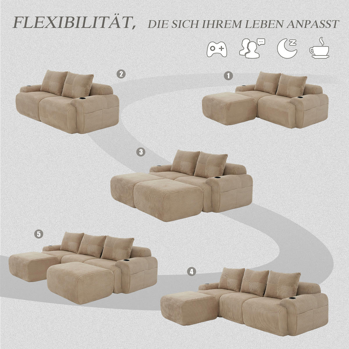 3-SITZER Wohnlandschaft Cord mit 2 Hockern Getränkehalter und Seitentasche 268/174/80 cm Sandfarben - Sandfarben, Textil (174/80/268cm) - Redom