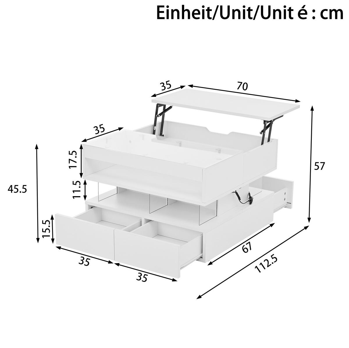 COUCHTISCH 70/67/57 cm mit anhebbarer Tischplatte, LED-Beleuchtung, Glasplatte und Stauraum, Weiß - Weiß, Holzwerkstoff (70/67/57cm) - Redom