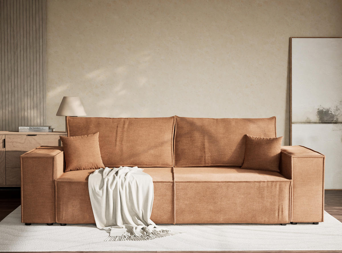 SOFA MIT SCHLAFFUNKTION Milos Hellbraun Chenille-Stoff - Hellbraun/Schwarz, Holz/Holzwerkstoff (255/70/105cm) - Maison de Reve