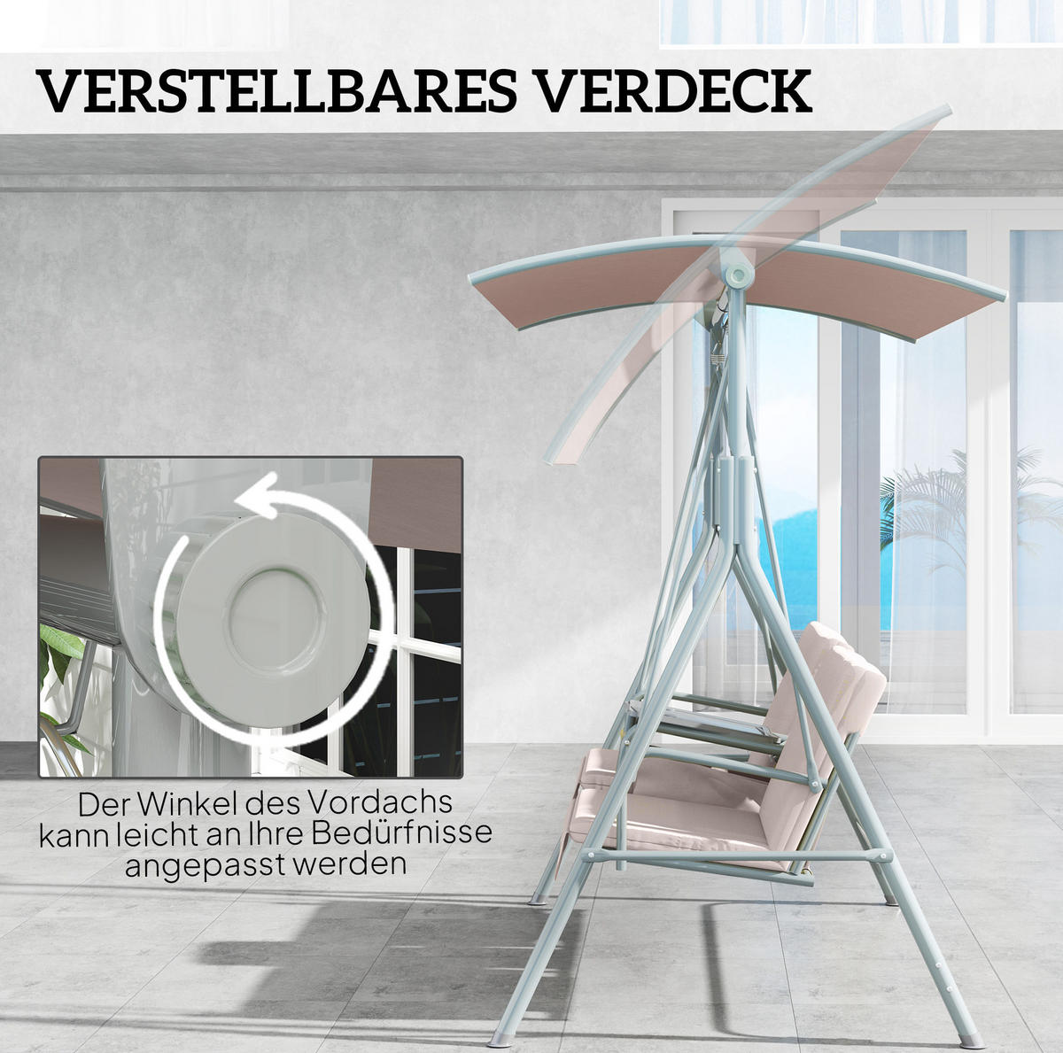 HOLLYWOODSCHAUKEL 175/112/165 cm mit verstellbarem Sonnendach und Becherhaltern, Beige - Beige, Textil (112/165/175cm) - Redom