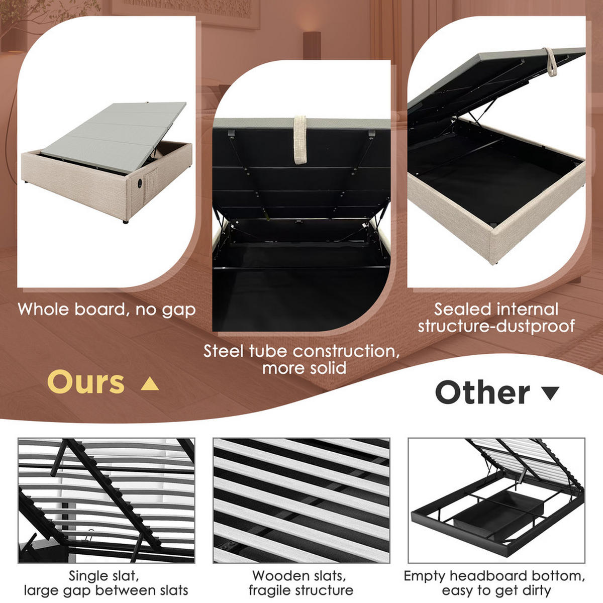 POLSTERBETT 160x200cm Doppelbett Stauraumbett mit USB-C & Lattenrost Natürlich - Beige, Holz - FLIEKS