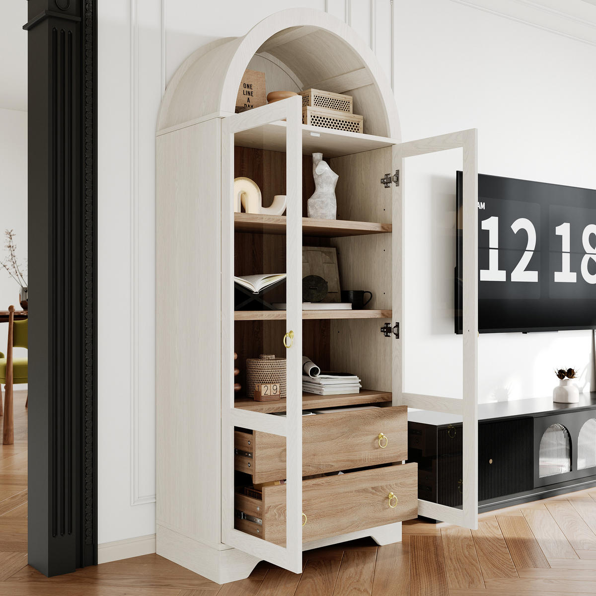 HIGHBOARD DE-38324 76/40/180 cm mit transparentem Glas und 2 Schubladen Weiß - Weiß, Holzwerkstoff (76.2/180/40.1cm) - ComfortXL