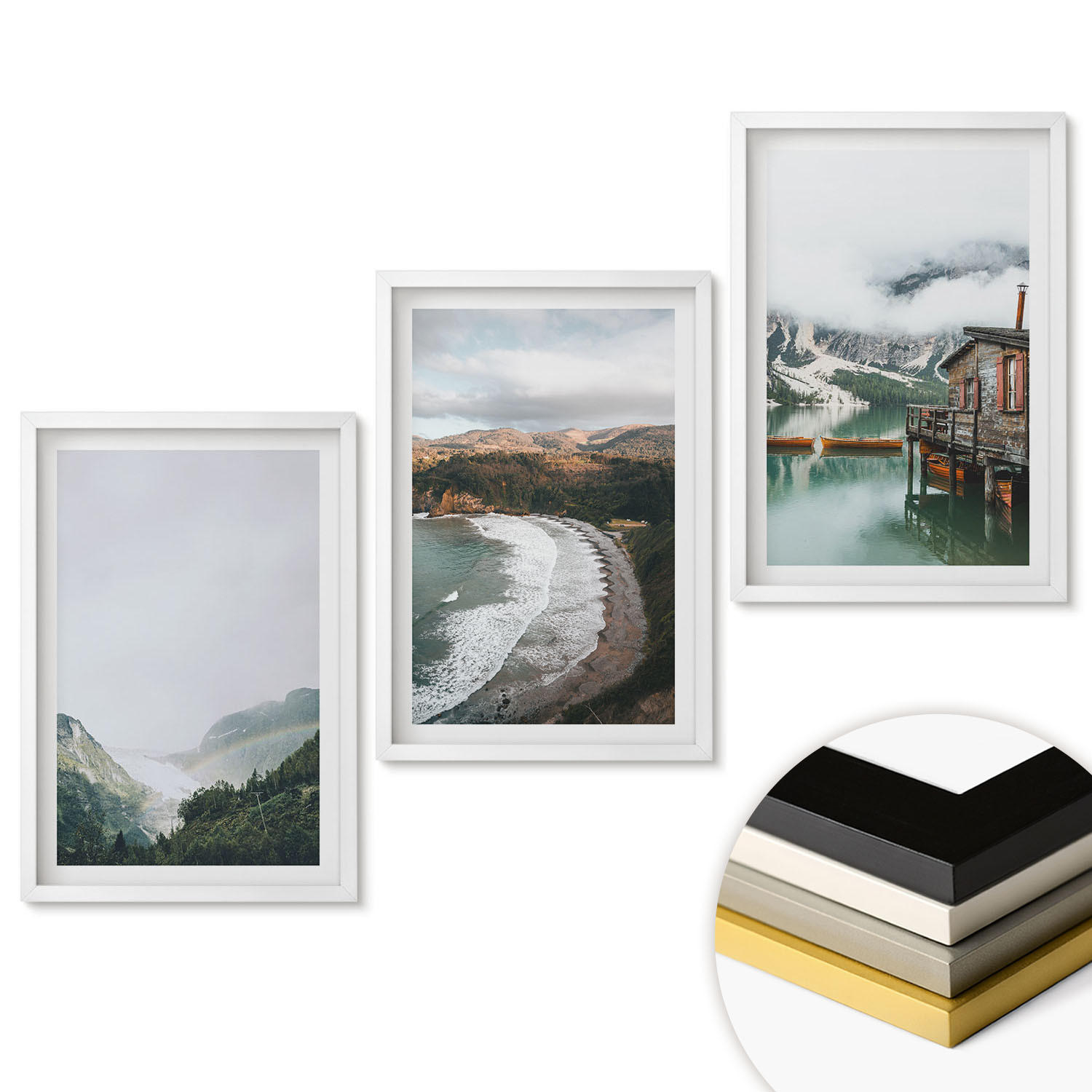 WANDBILDER 3er-Set - 40x60 cm Weißer Rahmen - Berge, Strand, Wolken, Wasser - Weiß, Kunststoff (40/60cm) - ArtPrintCave